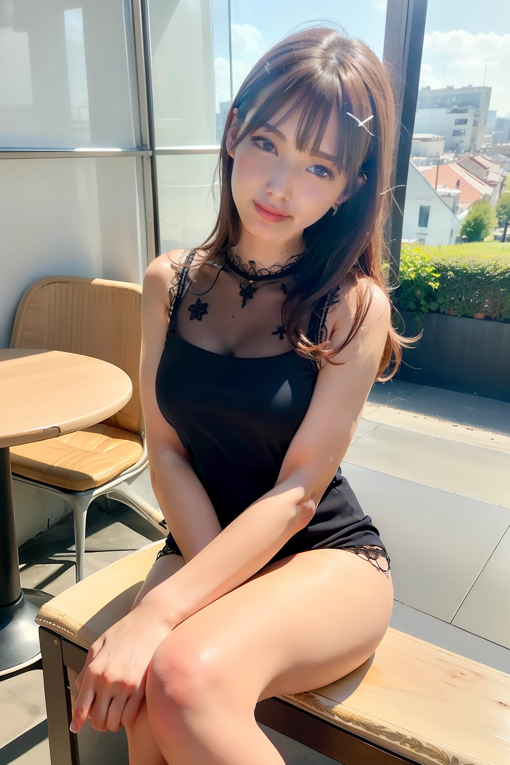 best quality, masterpiece, ultra high res, 8K, raw, (photo realistic:1.4), professional lighting, sharp focus, 1 girl, (detailed background:1.5), (at the fashionable cafe, terrace:1.3), full body, slender, (sit on a chair, crossed legs), cute, 24yo, smile, tiny breasts, detailed clothes, (sheer embroidery dress, mock neck)