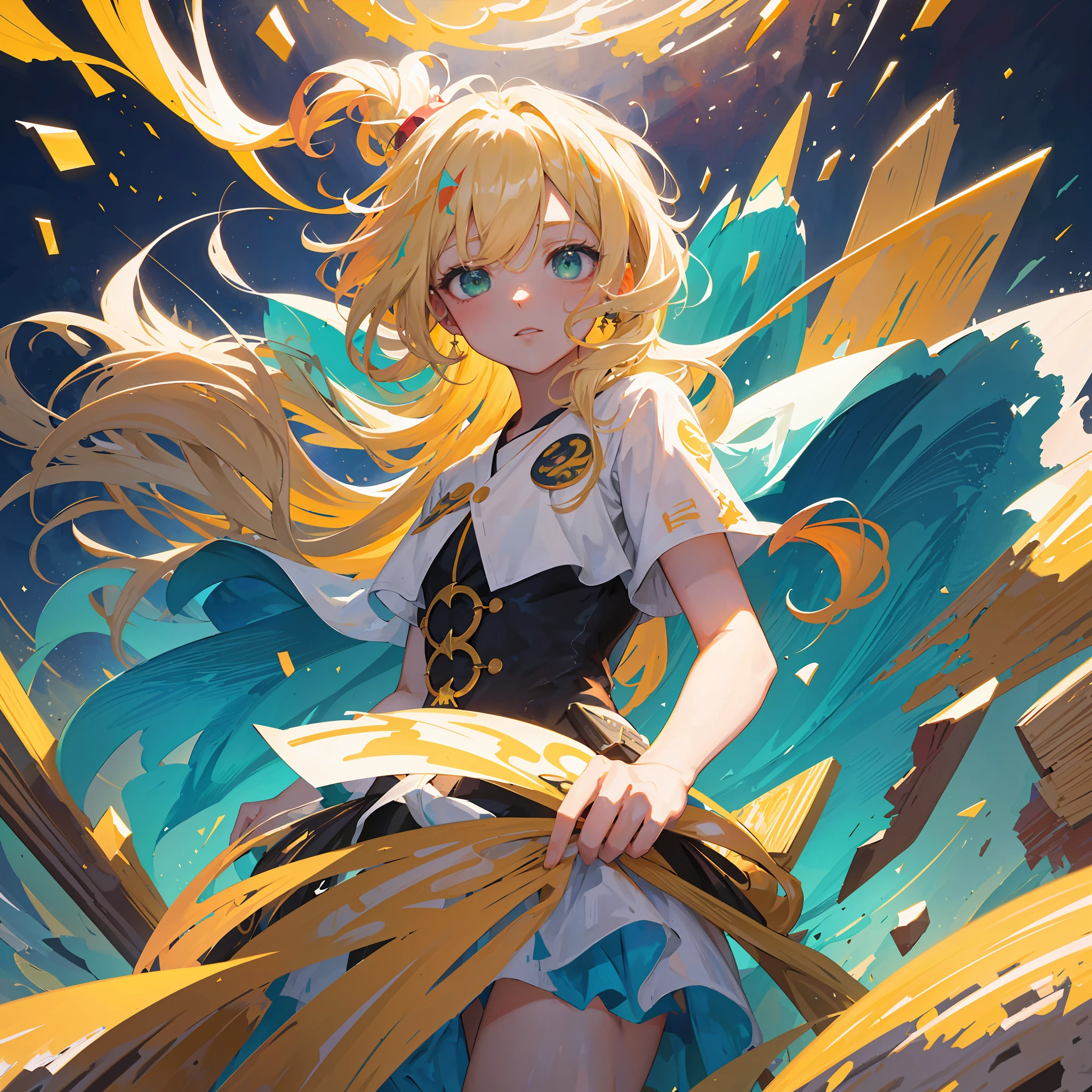closeup photo of a blonde beautiful girl with a galaxy painted background in an abstract impressionism style, closeup, portrait, sharp focus, enfoque nítido, ([Boceto| Acuarela \(Mediana\)]: 1.15), (Mancha de tinta: 1.1), (Pálida: 1.2), correct proportions, correct anatomy, beige blonde hair, wavy hair, messy hair, very long hair, chaotic abstract background:1.25, Traza vectorial, Mezcla de degradado, Colores vibrantes, Excelente, Extremadamente detallado, Intrincado, (Contraste extremadamente bajo: 1.4), Amarillo, degradación, colorido, hermoso, perfección, niña bonita, chica rubia, ojos amarillos, ojos verdes, pupilas blancas,  pintura facial, green eyes, green eyes, anime, Action painting, Impressionism, Ghibli-like colours, UHD, masterpiece, anatomically correct, ccurate, high details, award winning, highres, 1080P, HD, 16k, best quality, high quality, super detail