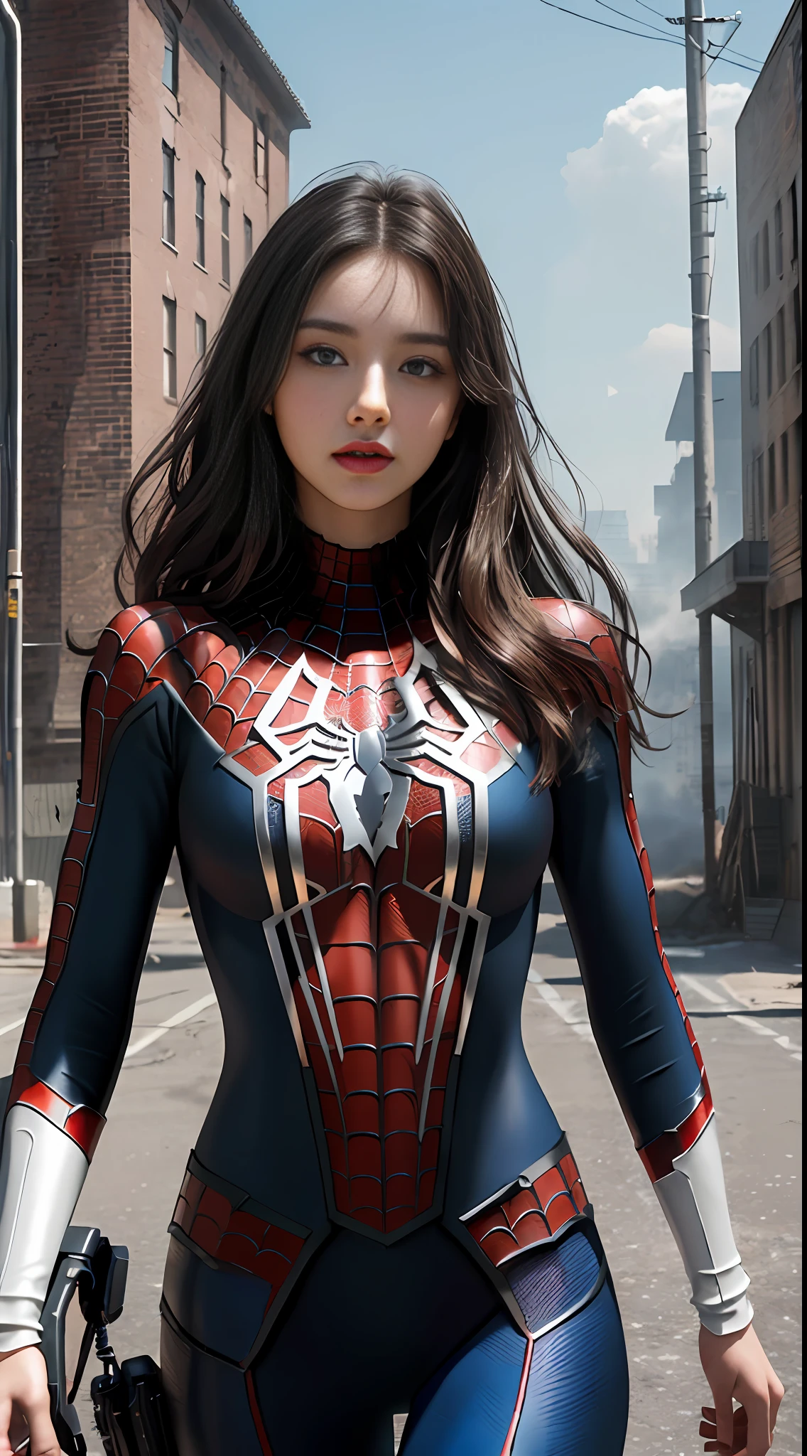 (1girl:1.3), solo, (((extremely detailed face))),(((extremely detailed eyes and face))),beautiful detailed eyes,body-parts__, official art, unified 8k wallpaper, super detailed, beautiful and aesthetic, beautiful, masterpiece, best quality, raw, masterpiece, super fine photo, best quality, super high resolution, photorealistic realism, sunlight, full body portrait, amazing beauty,, dynamic pose, delicate face, vibrant eyes, (from the front), she is wearing a Spider-man suit, red and black color scheme, spider, very detailed abandoned warehouse background, Detailed face, detailed complex busy background, messy, gorgeous, milky white, highly detailed skin, realistic skin details, visible pores, sharp focus, volumetric fog, 8k uhd, DSLR, high quality, film grain, fair skin, photo realism, lomography, huge metropolis in future dystopia, seen from below, translucent