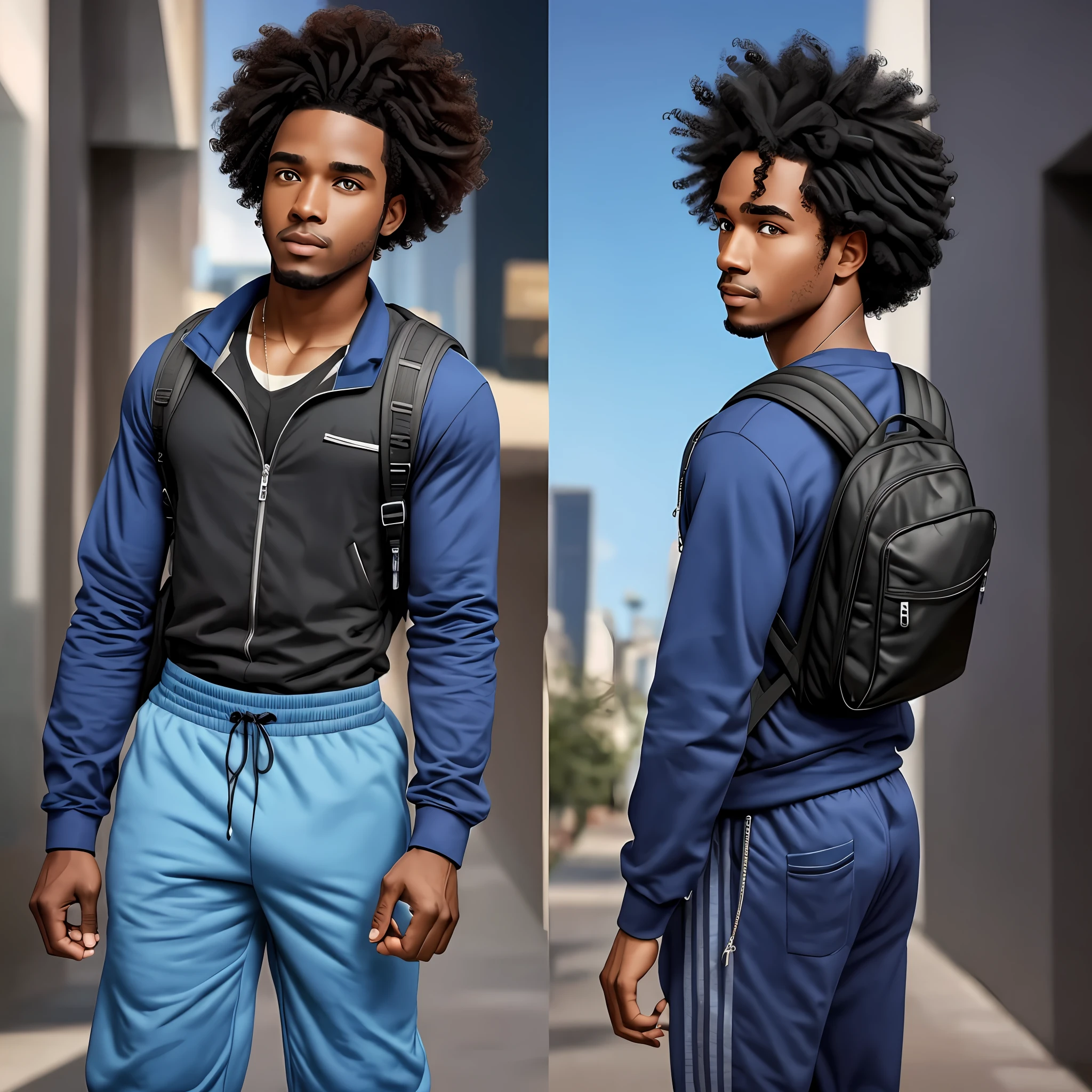 Black male character with curly hair blue blouse, blue sweatpants, blue forehead and backpack --auto --s2