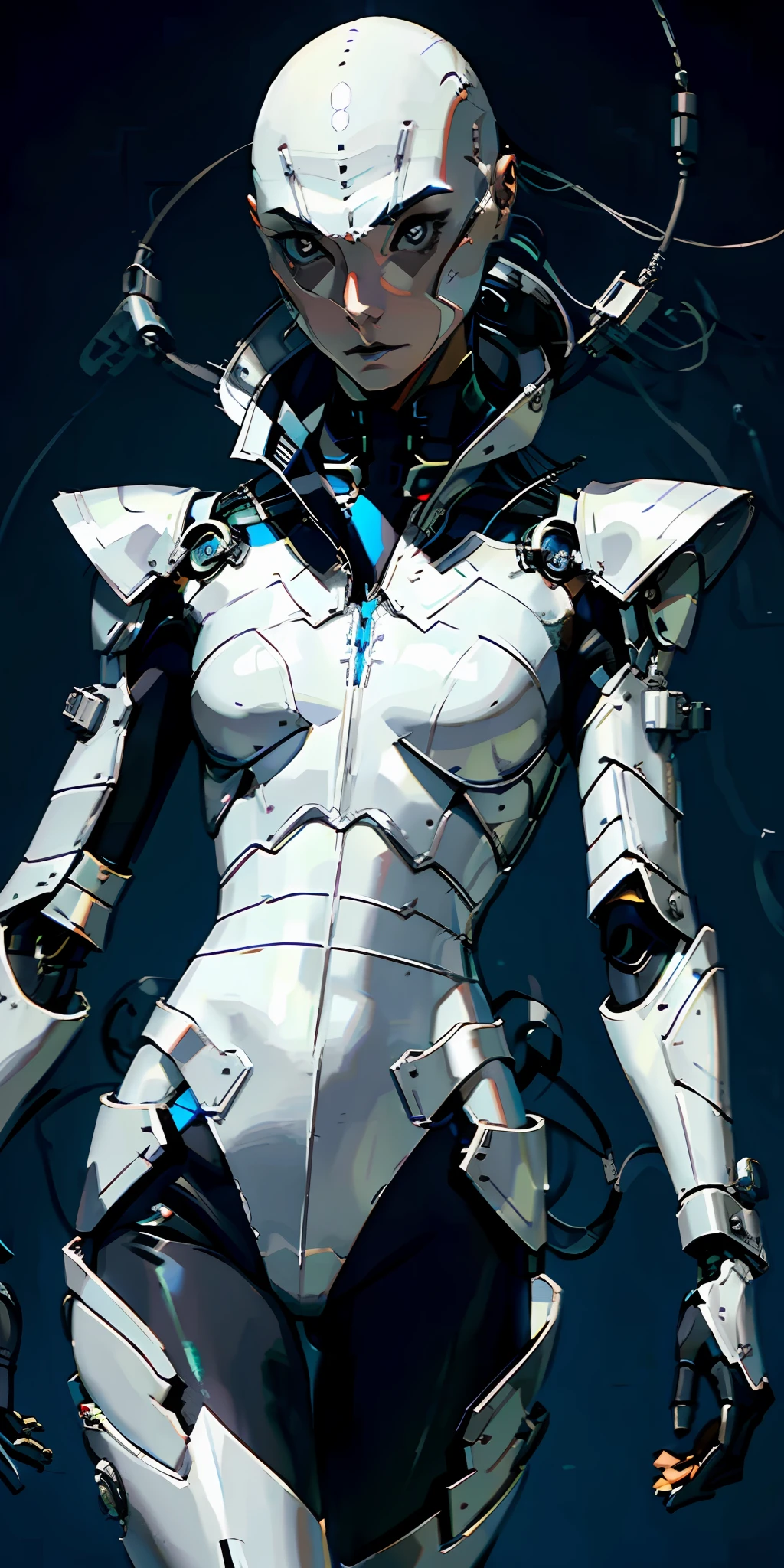 Female, Silver skin, skeletal, serious face, bald, futuristic, cyberpunk, cybernetic, robotic body, robotic arms, robotic legs, whole body, background: futuristic city on fire ,