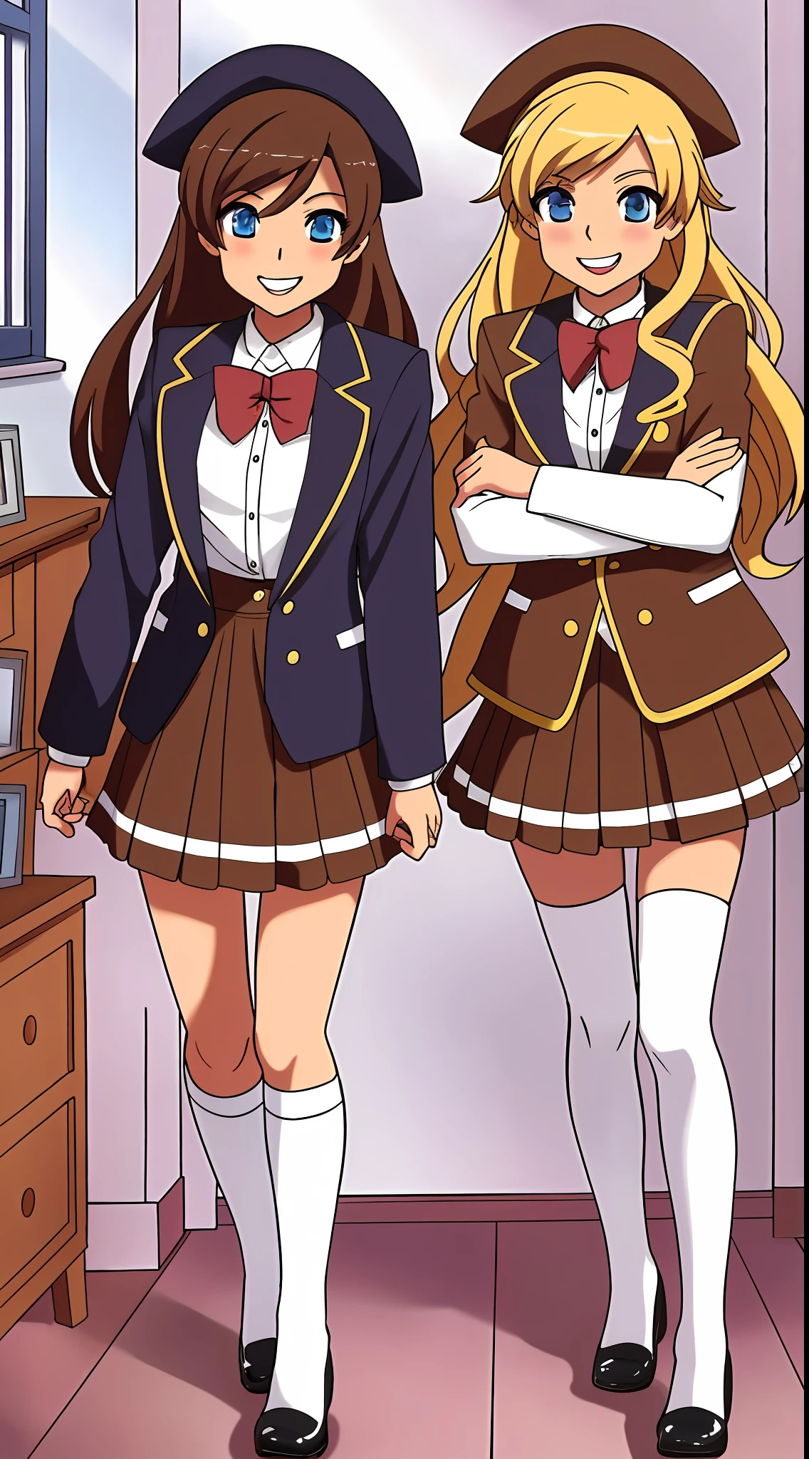 perfect anime illustration, 17 year old girls, 2girls, (1 blonde girl, 1 brown haired girl), twin sisters, brown hair, blonde hair, curly hair, long hair, different hair colors, hazel eyes, smiling, white skin, school uniform, blazer, white thigh high socks, zettai Ryouiki, high heels, matching outfits, highres, bedroom, full body