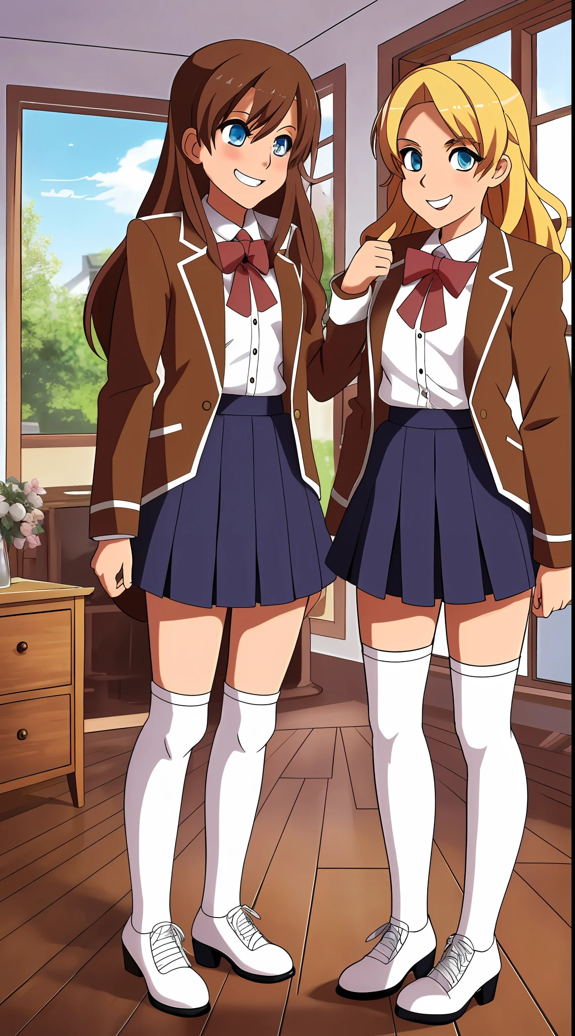 perfect anime illustration, 17 year old girls, 2girls, (1 blonde girl, 1 brown haired girl), twin sisters, brown hair, blonde hair, curly hair, long hair, different hair colors, hazel eyes, smiling, white skin, school uniform, blazer, white thigh high socks, zettai Ryouiki, high heels, matching outfits, highres, bedroom, full body