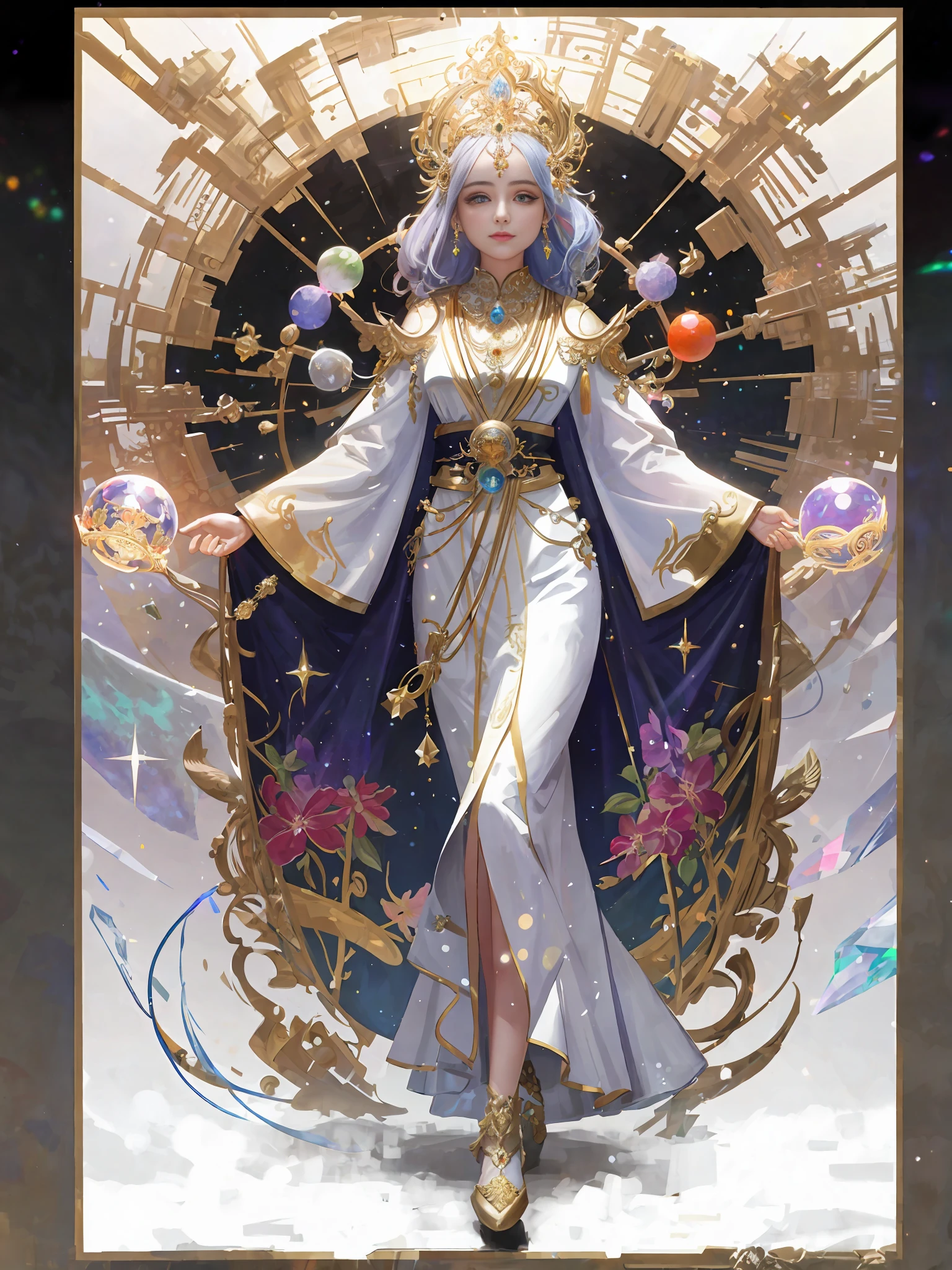 ((4K, masterpiece, best quality)), 1 girl, holding two crystal balls in both hands, the crystal balls contain colorful light spots, sacred goddesses, fantasy forms, high detail, shocking vision, the picture is full of tension