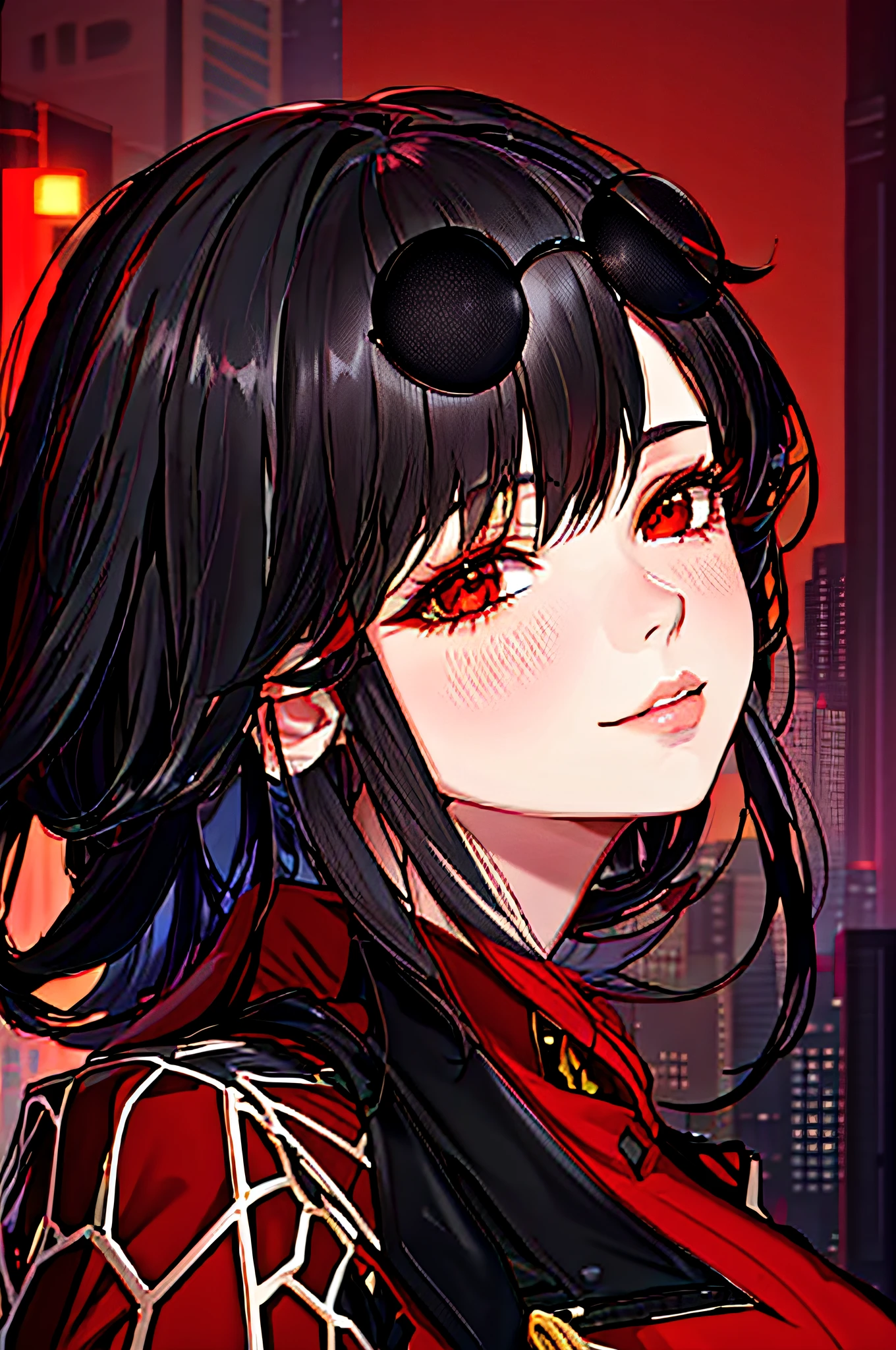 black hair (1.2), red eyes (1.1), pale skin, velvety mouth, rosy cheeks, red clothing, city in the background, night.)