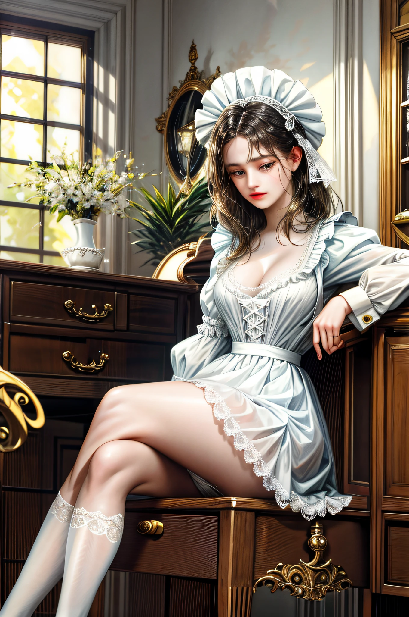(absurd, high resolution, ultra-detailed), (absurd, high resolution, ultra-detailed), (1girl: 1.5), two maids, lesbian, lesbian couple, who are in love with each other, maid clothes, lewd pose, (sitting, legs wide open. exposing antique white drawers:1.5), (wearing antique women's underwear:1.4), long sleeves and high collar, black and white, skirts were wide and ruffles, but the blouse has lace details and ribbons. In addition, they wear a dress on their head and a white apron over a hat. Frugal attic room