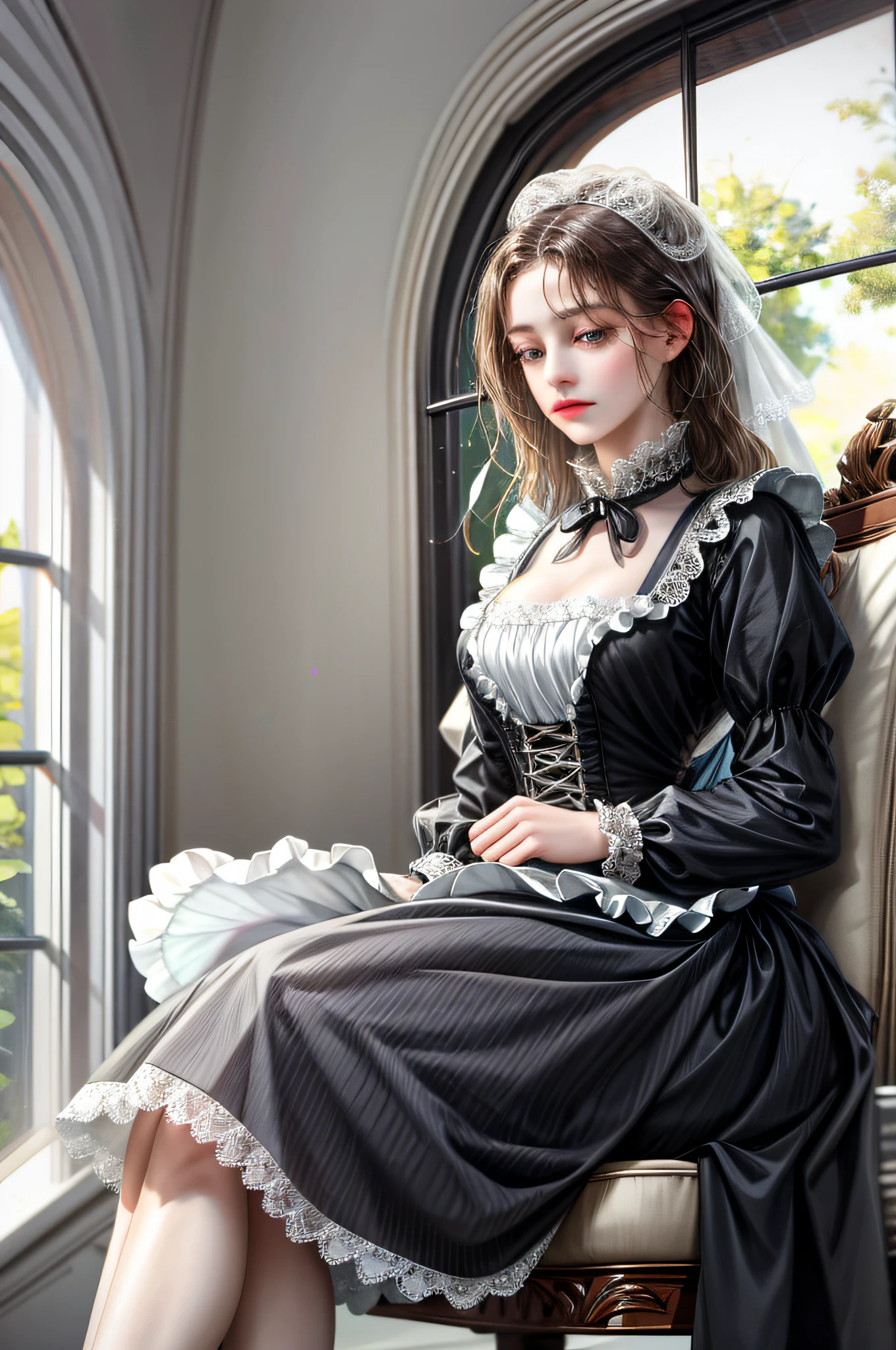 (absurd, high resolution, ultra-detailed), (absurd, high resolution, ultra-detailed), 2girl, two maids, lesbian couple, in love with each other, maid clothes, (sitting, love up, crotch wide open: 1.5), (wearing antique women's underwear: 1.4), long sleeves and high collar, black and white, skirts were wide and ruffled, The blouse has lace details or ribbons. In addition, they wear a dress on their head and a white apron over a hat. Frugal attic room