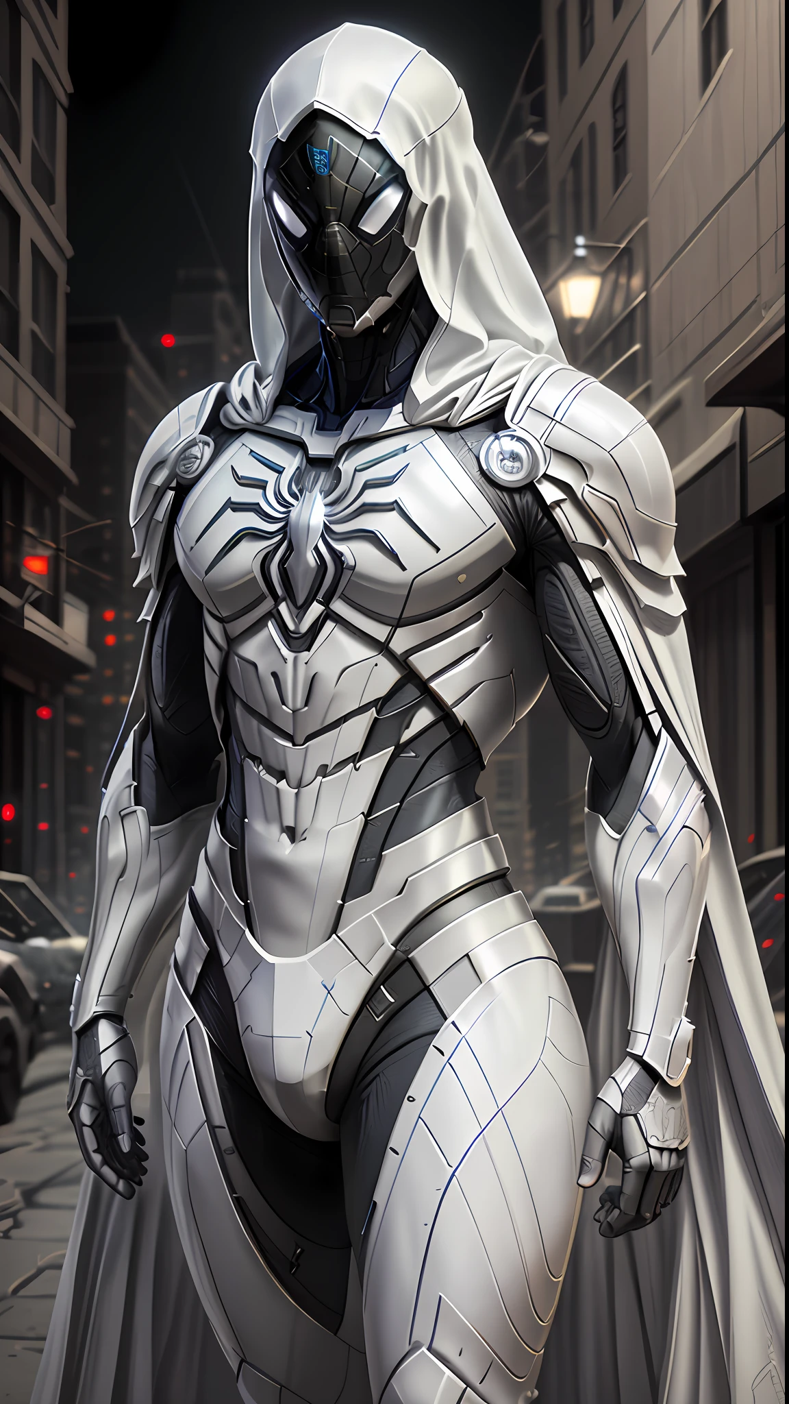 Full-length shot of Spider-Man in white and gold armor-style suit, white cloak looking into the center camera, perfect composition, beautiful detailed, intricate, insanely detailed octane render popular on ArtStation, 8K art photography, photorealistic concept art, soft natural volumetric cinematic perfect light, chiaroscuro, award-winning photography, masterpiece, oil on canvas, Raphael, Caravaggio, Greg Rutkowski, Beeple, Beksinski, Giger, ArtStation Trends, Sharp Focus, Studio Photography, Intricate Details, High Detail, City Night Background, Greg Rutkowski
