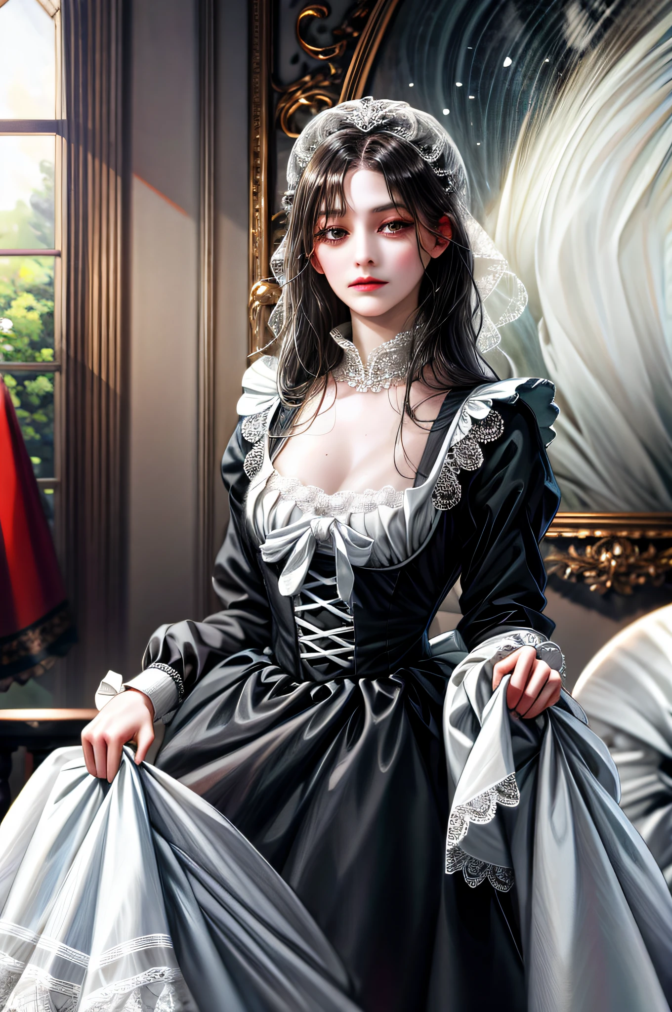 (absurd, high resolution, ultra-detailed), (absurd, high definition, ultra-detailed), 2girl, two maids in love with each other, lesbians, lesbian couples, ankle-length dresses maid clothes, (only one person, skirt lifted high, troubling exposed: 1.4), long sleeves and high collar, black and white, the skirt was wide and ruffled, The blouse has lace details or ribbons. In addition, they wear a dress on their head and a white apron over a hat. Spartan room