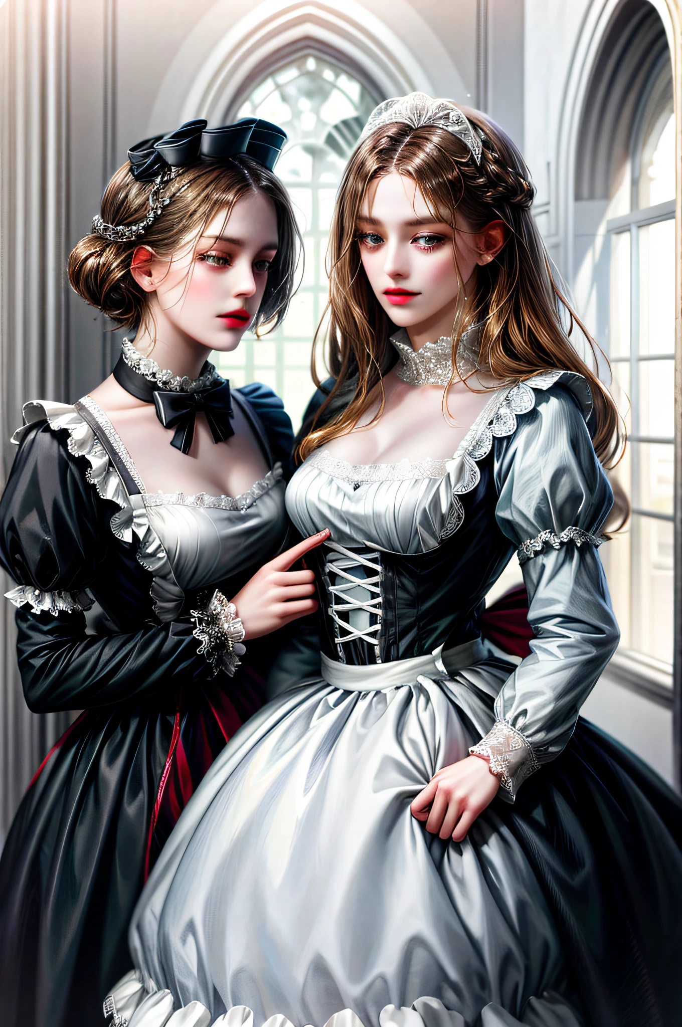 (absurd, high resolution, ultra-detailed), (absurd, high definition, ultra-detailed), 2girl, two maids in love with each other, lesbians, lesbian couples, maid clothes in ankle-length dresses, (only one person with her skirt lifted high, white drawers, exposing garter belts: 1.4), long sleeves and high collar, black and white, the skirt was wide and ruffled, but The blouse has lace details or ribbons. In addition, they wear a dress on their head and a white apron over a hat. Spartan room