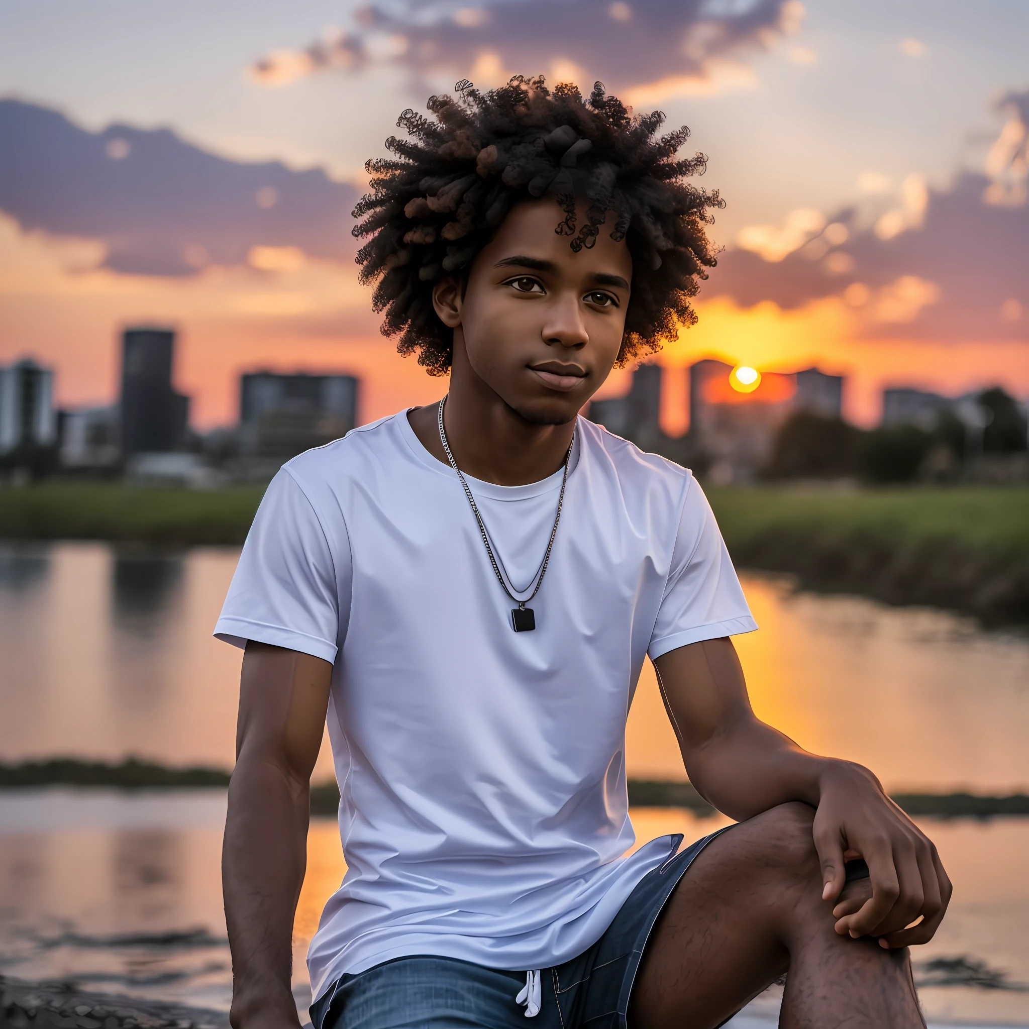 Black boy with curly hair sitting at sunset --auto --s2