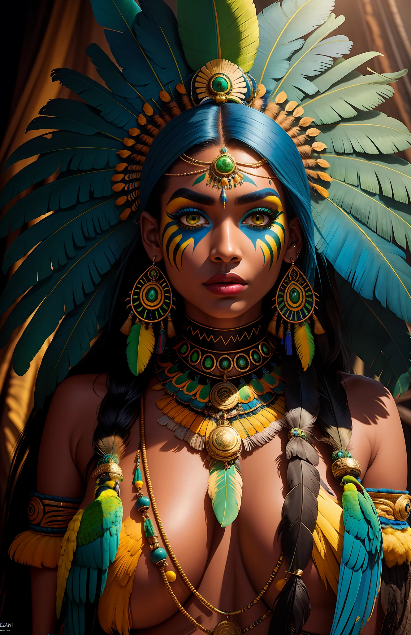 sfw:2,((best quality)), ((masterpiece)), ((realistic)), Wild Xavante India girl, full body, breast painted blue and yellow, the hair is composed of countless macaw blue parrot feather, honey eyes, extreme tanned skin, extreme long black straight hair messes over naked boobs, huge macaw blue parrot feather headdress, big cheeks, long legs, curvy, indigenous yellow and green breast painting, indigenous yellow and green facial painting, huge macaw blue parrot feather necklace, female face, metal carved top, royal aura, trend on artstation , sharp focus, studio photo, intricate detail, very detailed, detailed eye, illustration, very detailed, sharp focus, digital render, professional, 4k