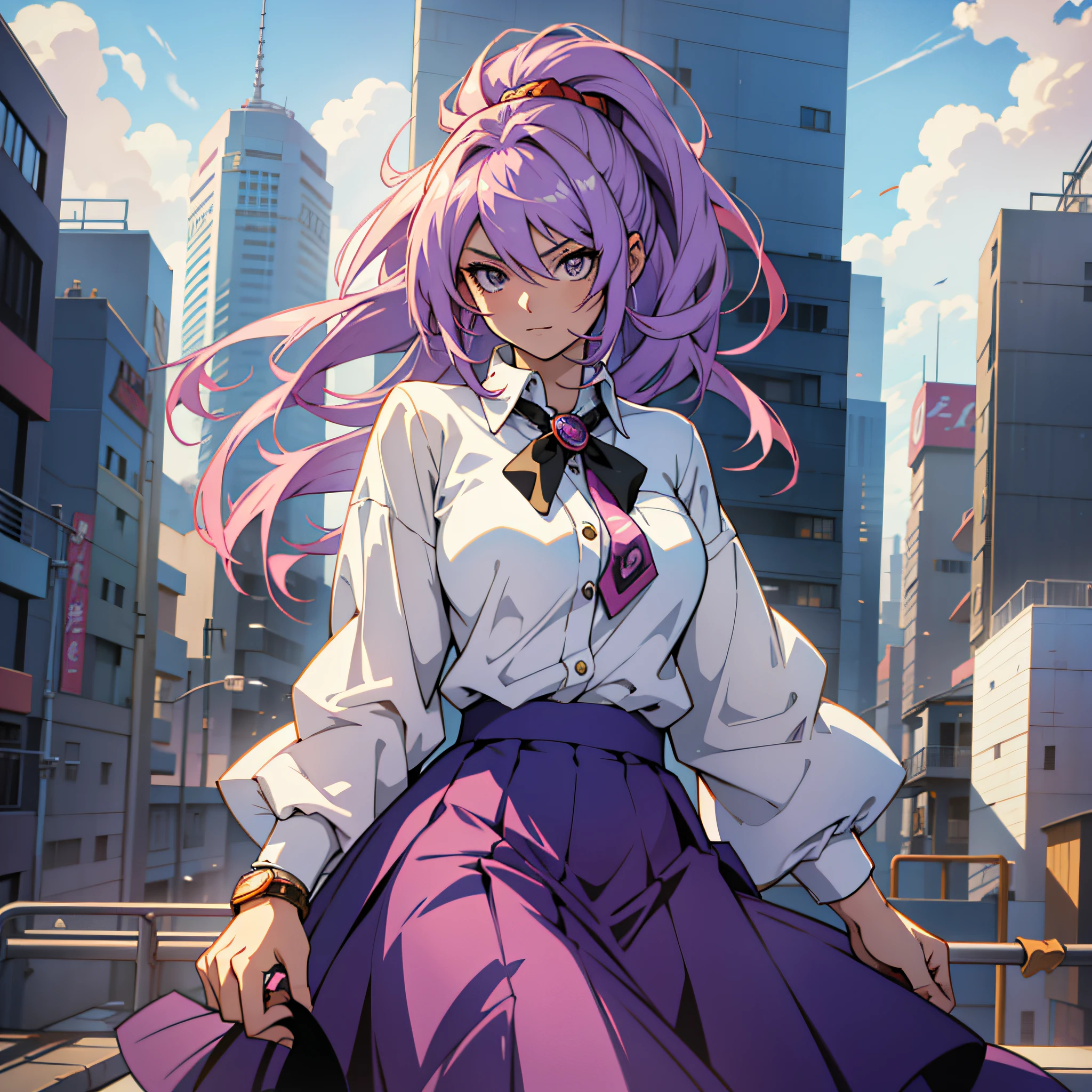 (character, unique person) young woman, colorful hair, long skirt, white shirt, on the roof of a building, The girl looks at her cards and trains her moves. (Anime), (anime style), (super detailed), (16k), anime, yu gi oh