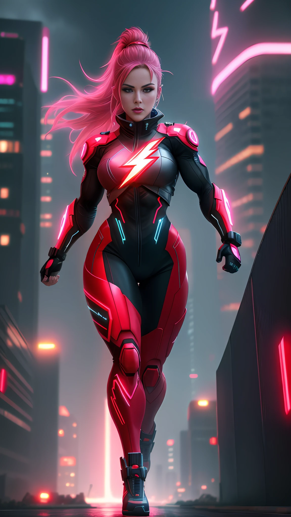 cyberpunk woman flash, bodybuilder, bright red eyes, running, in the background a city, lightning in the sky, ultra details, ultra realistic, cinematic, octane render, 16k