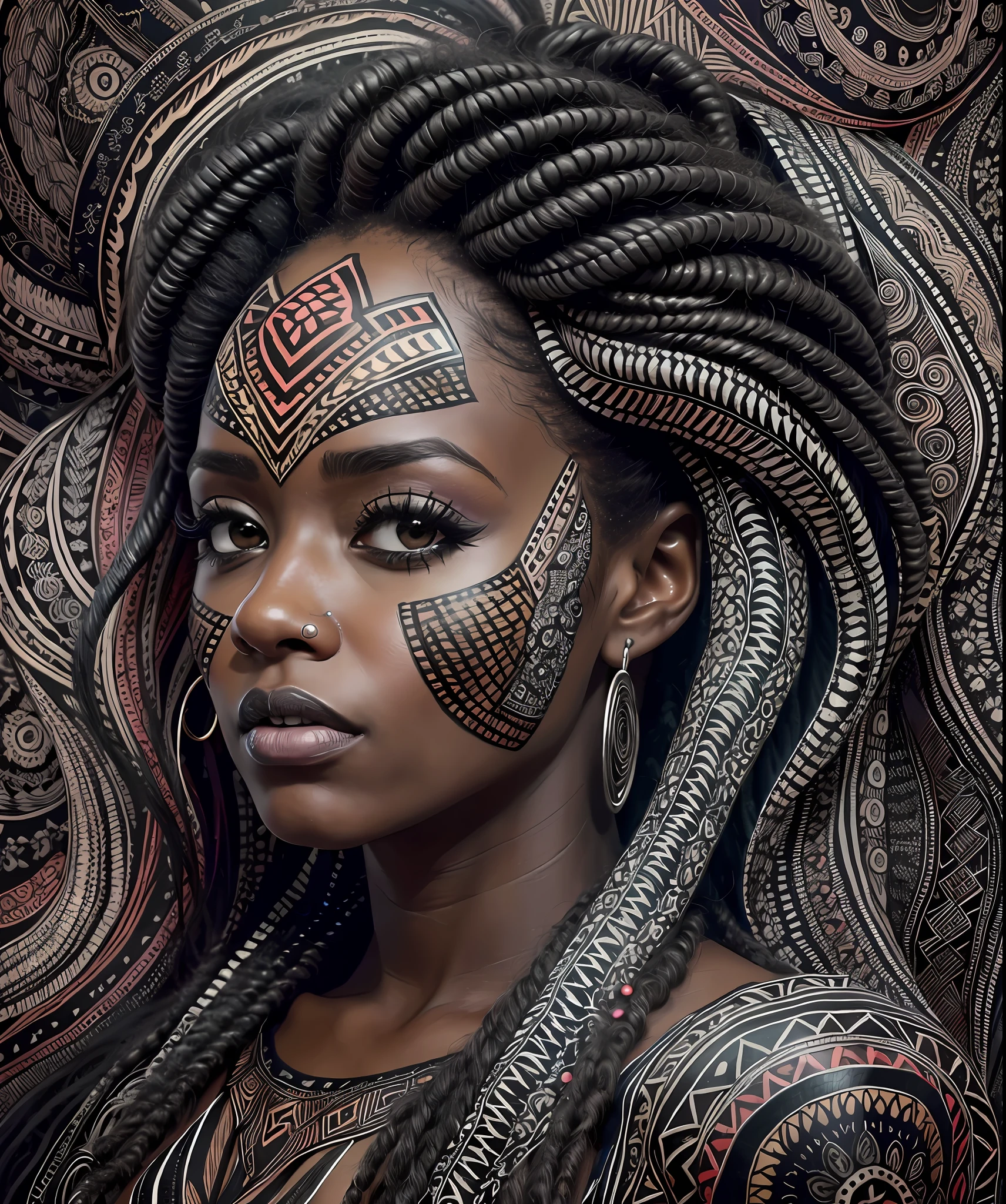 horror art, black skin, dread, unity 8k wallpaper, black snake curled in hair, ultra detailed, symmetrical, beautiful and aesthetic, masterpiece, best quality (zentangle, mandala, tangle, tangle tribal dread style hair matted: 0.5)