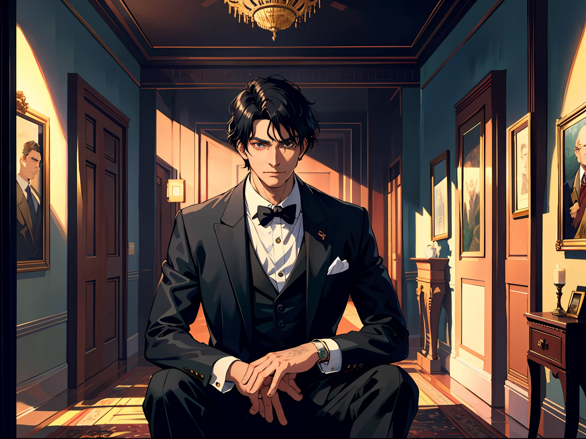 High resolution, highest quality, illustrations, super detailed, (detailed face), (detailed eyes), a middle-aged uncle with black hair and a black suit, sitting in a hall surrounded by others