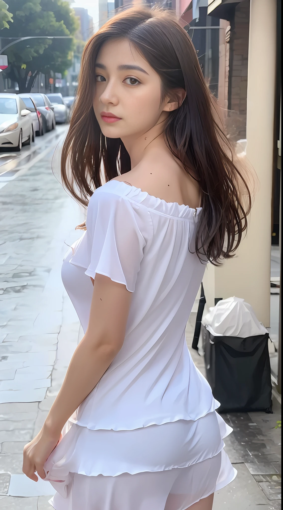 ((Best Quality, 8K, Masterpiece:1.3)), Focus: 1.2, Perfect Body Beauty: 1.4, Buttocks: 1.2, ((Layered Haircut, Breasts: 1.2)), (Wet Clothes: 1.1) , (Rain, Street:1.3), Bandeau Dress: 1.1, Highly Detailed Face and Skin Texture, Delicate Eyes, Double Eyelids, Whitened Skin, Long Hair