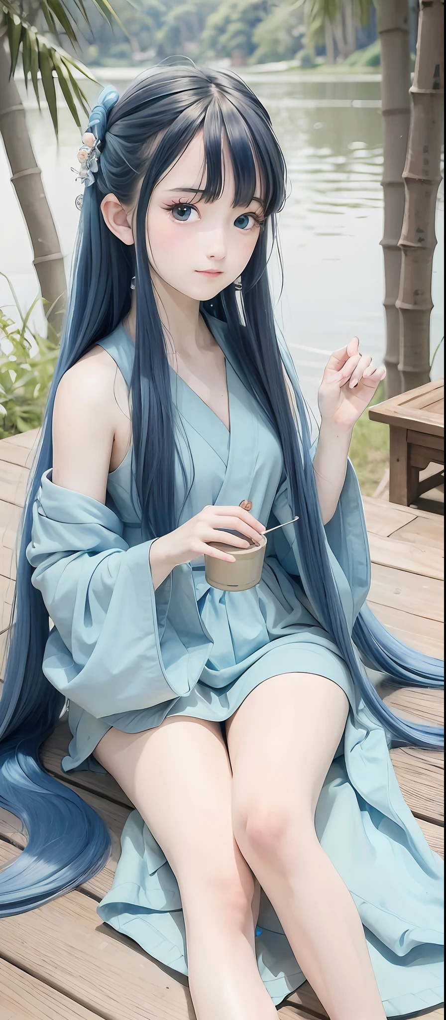 Masterpiece, Best Quality, Official Art, 8k Wallpaper, Very Detailed, Illustration, 1 Girl, Sky Blue Hair, Long Hair, Detailed Eyes, Forrest Gump, Bare Shoulders, Hanfu, Lake, Pure, Soft Smile, bamboo, tea