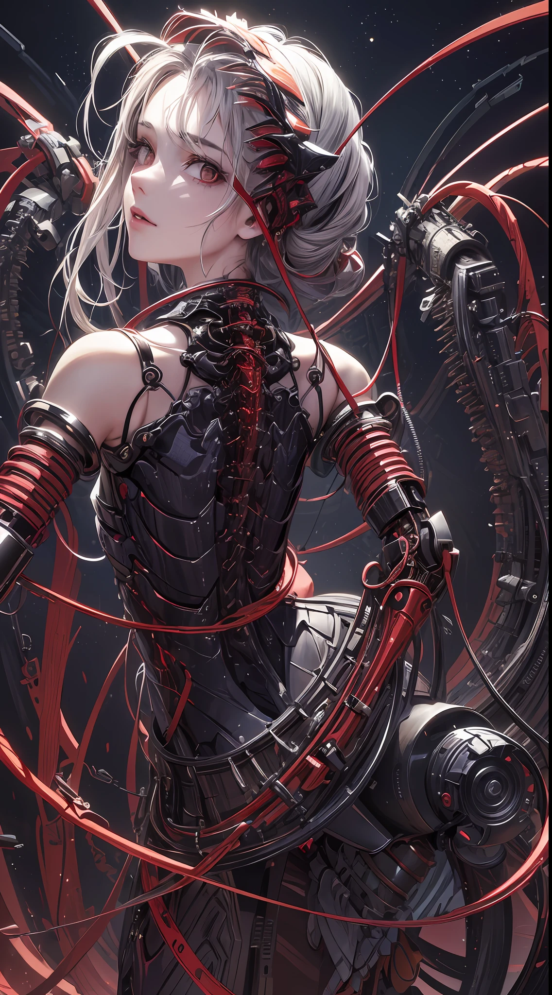 (((Masterpiece))), ((Best Quality)), (Super Detail), (CG Illustration), (Very Evil and Beautiful)), Cinematic Light, ((1 Mechanical Girl)), Single, (Mechanical Art: 1.4), ((Mechanical limb)), (Blood vessel attached to a tube), ((Mechanical spine attached to the back)), ((Mechanical cervical vertebrae attached to the neck), (Back to the viewer)), expressionless, ( Wires and cables attached to the head and body: 1.5), Science Fiction, Apocalypse, Ruins, (Lower Body Integrated with Mechanical Devices), (Blood: 1.5), Cruelty, Absurdity, Eroglotesque, Fusion with Machines, Doomsday Time, Super Future, Inorganic, Laboratory, Restraint, (Beautiful Indulgence: 1.2), (1 Girl: 1.3)