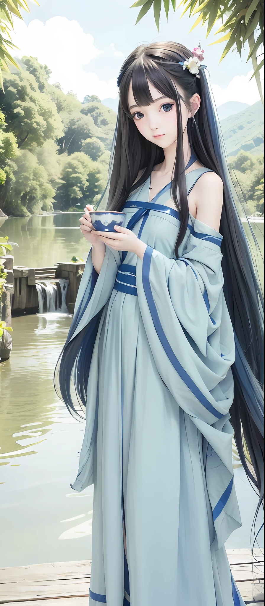 Masterpiece, Best Quality, Official Art, 8k Wallpaper, Very Detailed, Illustration, 1 Girl, Sky Blue Hair, Long Hair, Detailed Eyes, Forrest Gump, Bare Shoulders, Hanfu, Lake, Pure, Soft Smile, bamboo, tea