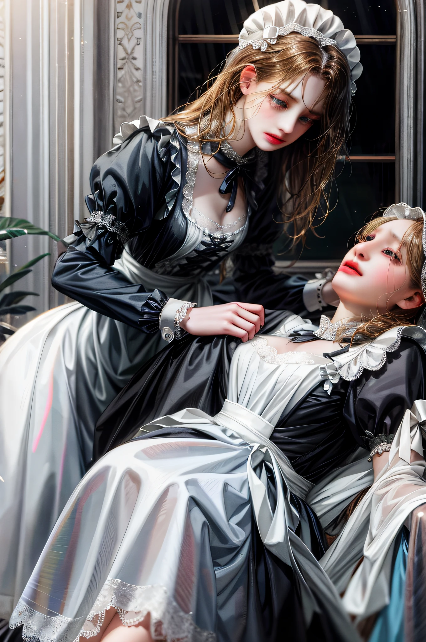 (absurd, high definition, ultra-detailed), (absurd, high definition, ultra-detailed), 2girl, two maids, lesbian couple, in love with each other, (1 woman is in underwear: 1.3), maid clothes in ankle-length dresses, long sleeves and high collars, black and white, skirts were wide and ruffled, but there are lace details and ribbons on the blouse. In addition, they wear a dress on their head and a white apron over a hat.