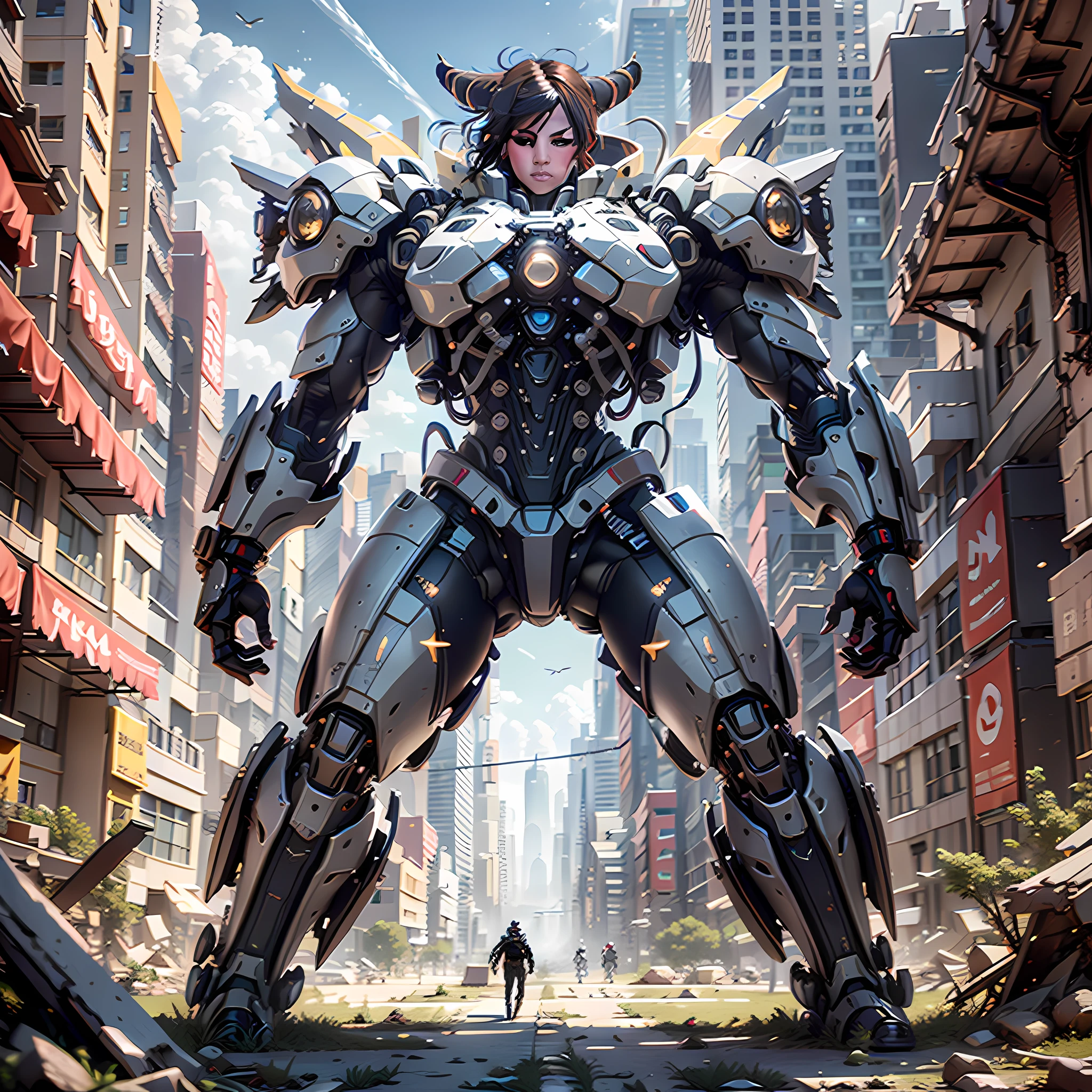 ((Best Quality)), ((Masterpiece)), (Highly Detailed: 1.3), 3D, Shitu-mecha, Cyberpunk warrior with his mecha in the ruins of the city of a lost war, Ancient technology, HDR (High Dynamic Range), Ray Tracing, NVIDIA RTX, Super-Resolution, Unreal 5, Subsurface Scattering, PBR Texturing, Post-processing, Anisotropic Filtering, Depth of field, Maximum clarity and sharpness, Multilayer textures, Albedo and specular maps, Surface shading, Accurate simulation of light-material interaction, perfect proportions, Octane Render, two-tone lighting, low ISO, white balance, rule of thirds, wide aberiature, 8K RAW, efficient sub-pixel, sub-pixel convolution, luminescent particles, light scattering, Tyndall effect