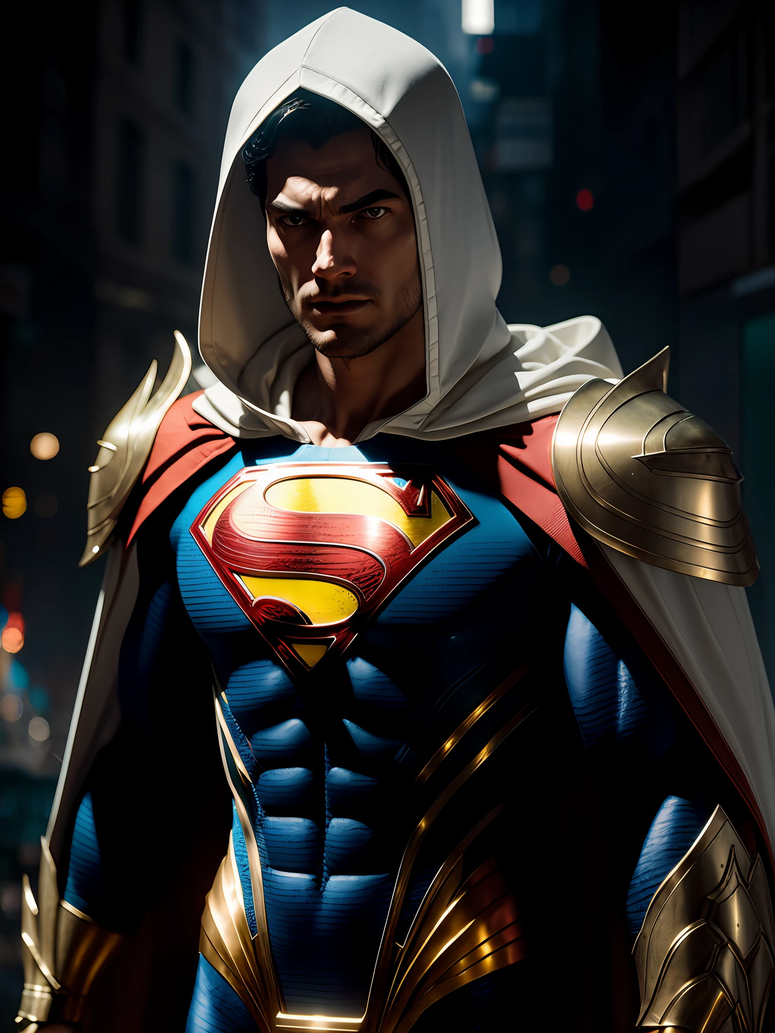 Full-length shot of Superman in white and gold armor-style suit, white cloak looking at the center camera, perfect composition, beautiful detailed, intricate, insanely detailed octane render popular on ArtStation, 8K art photography, photorealistic concept art, soft natural volumetric cinematic perfect light, chiaroscuro, award-winning photography, masterpiece, oil on canvas, Raphael, Caravaggio, Greg Rutkowski, Beeple, Beksinski, Giger, ArtStation Trends, Sharp Focus, Studio Photography, Intricate Details, High Detail, City Background, Greg Rutkowski