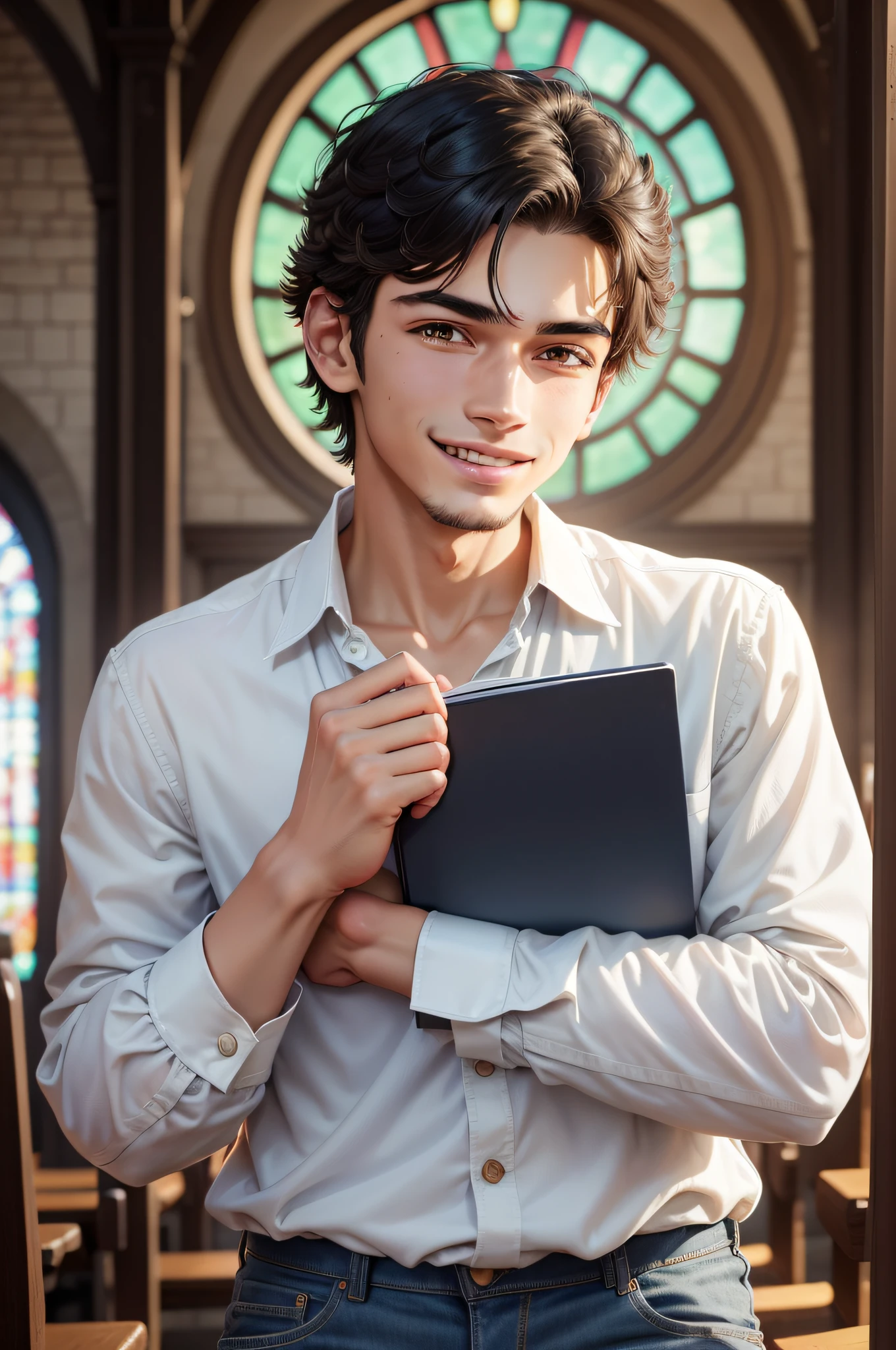 Latino man, very thin, 18 years old, smiling, wearing white dress shirt and dark blue jeans, holding a black cover book, inside an Adventist church, pose for photo, stock photo, by Emma Andijewska, by Jakob Gauermann, church, high quality photo, medium portrait, photo taken, set photo, high resolution photo, religion, friendship, very expressive, realistic anime, drawn, 4k