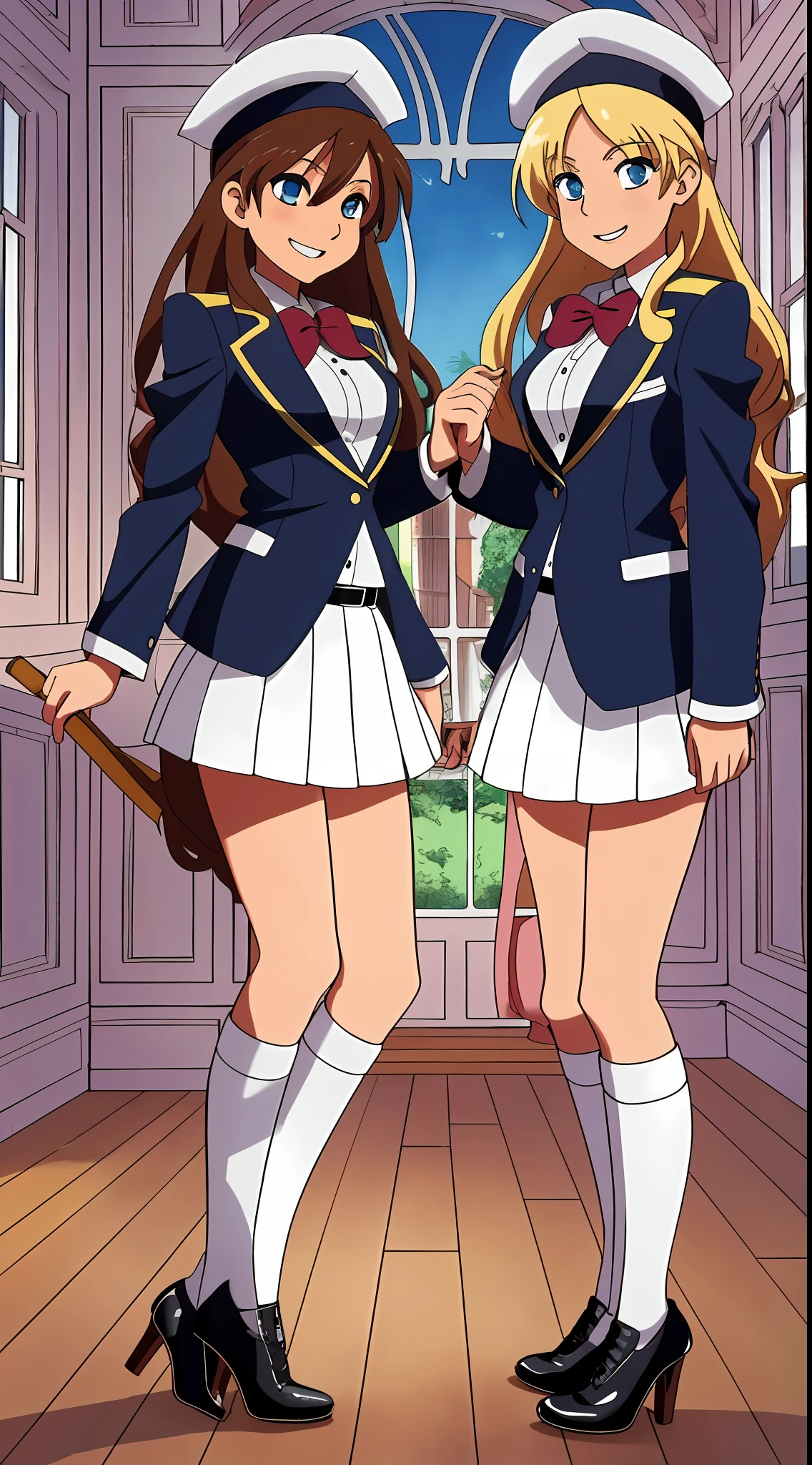perfect anime illustration, 17 year old girls, medium breasts, 2girls, (1 blonde girl, 1 brown haired girl), twin sisters, rich girls, sexy schoolgirls, brown hair, blonde hair, curly hair, long hair, different hair colors, hazel eyes, smiling, white skin, school uniform, blazer, white thigh high socks, high heels, matching outfits, highres, bedroom, full body