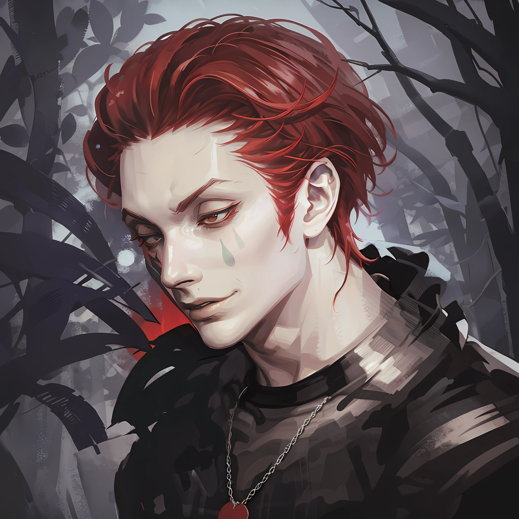 Tall man with red hair in a black outfit with a psychopath's face in a dark forest super realistic and well detailed