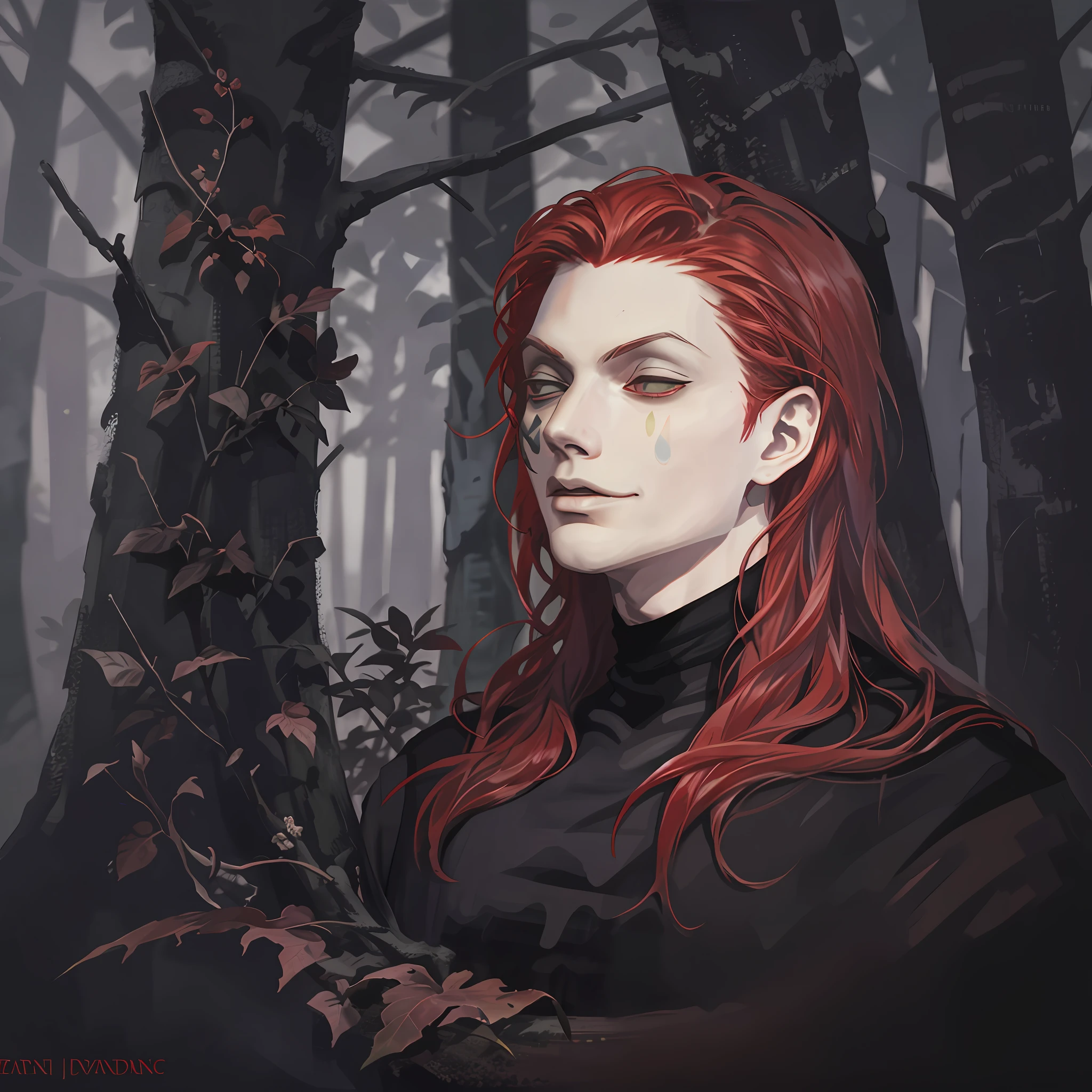 Tall man with red hair in a black outfit with a psychopath's face in a dark forest super realistic and well detailed