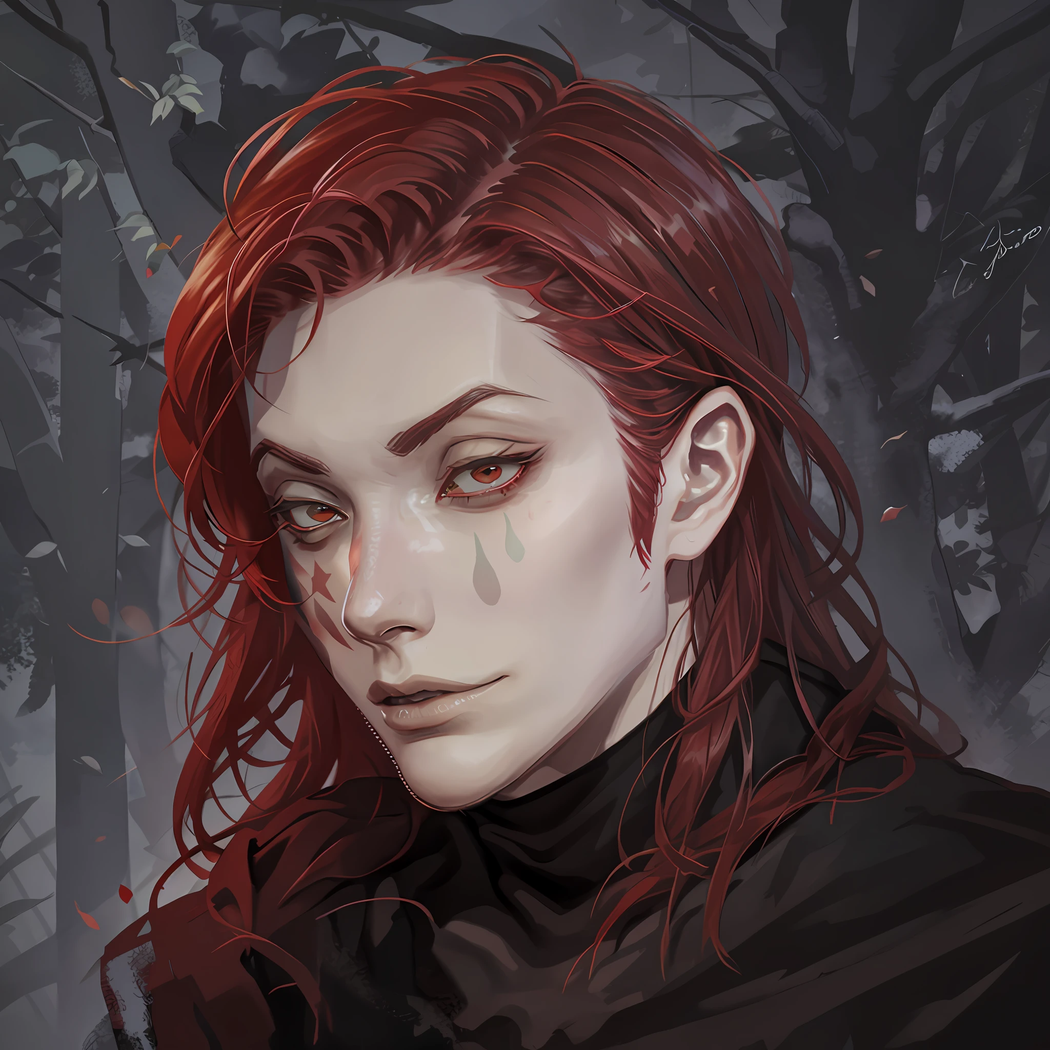 Tall man with red hair in a black outfit with a psychopath's face in a dark forest super realistic and well detailed