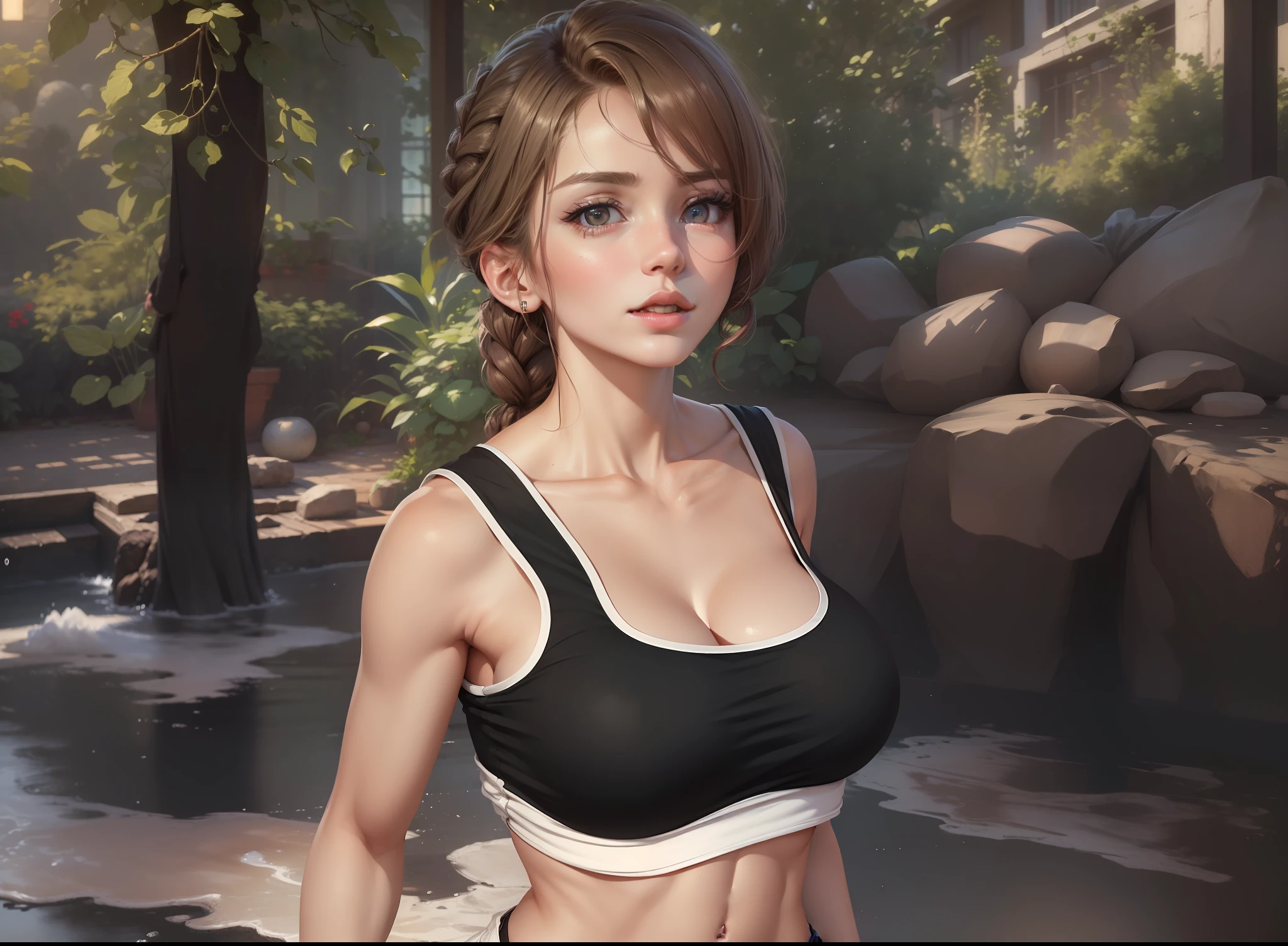 ((Best quality, 8k, Masterpiece :1.3)), 1girl, Pretty woman with emphasizing slender abs :1.3, (random hairstyles, gigantic breasts :1.2), Casual outfit :1.2, Indoor, Ultra-detailed face, Detailed eyes, Double eyelid --auto --s2
