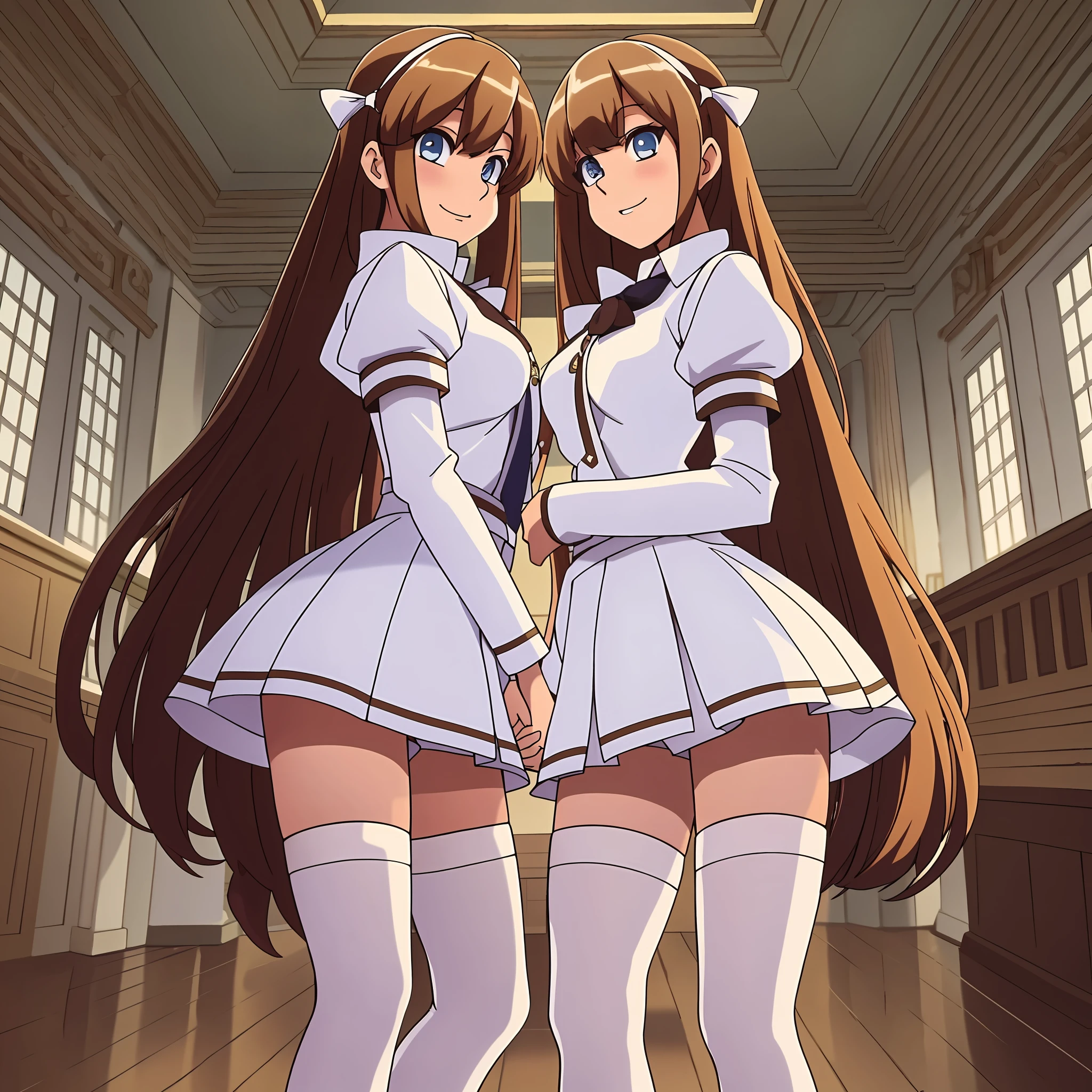 perfect anime illustration, 17 year old girls, medium breasts, multiple girls, thousands of girls, millions of girls, clones, girls, (blonde girls, brown haired girls), same aged sisters, rich girls, sexy schoolgirls, brown hair, blonde hair, curly hair, long hair, different hair colors, hazel eyes, smiling, white skin, school uniform, blazer, white thigh high socks, high heels, matching outfits, highres, bedroom, full body, neat rows of sisters, neat columns of sisters, sisters standing in formation, sisters in background