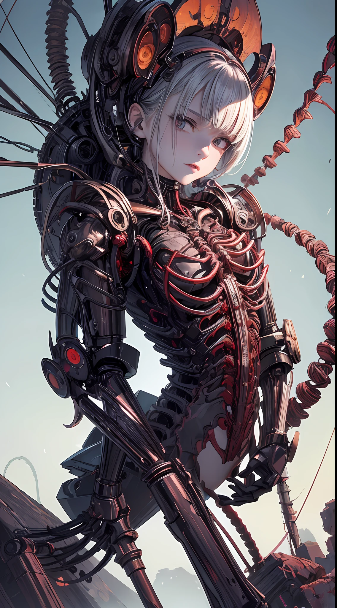 (((Masterpiece))), ((Best Quality)), (Super Detail), (CG Illustration), (Very Evil and Beautiful)), Cinematic Light, ((1 Mechanical Girl)), Single, (Mechanical Art: 1.4), ((Mechanical limb)), (Blood vessel attached to a tube), ((Mechanical spine attached to the back)), ((Mechanical cervical vertebrae attached to the neck), (Back to the viewer)), expressionless, ( Wires and cables attached to the head and body: 1.5), Science Fiction, Apocalypse, Ruins, (Lower Body Integrated with Mechanical Devices), (Blood: 1.5), Cruelty, Absurdity, Eroglotesque, Fusion with Machines, Doomsday Time, Super Future, Inorganic, Laboratory, Restraint, (Beautiful Indulgence: 1.2), (1 Girl: 1.3)
