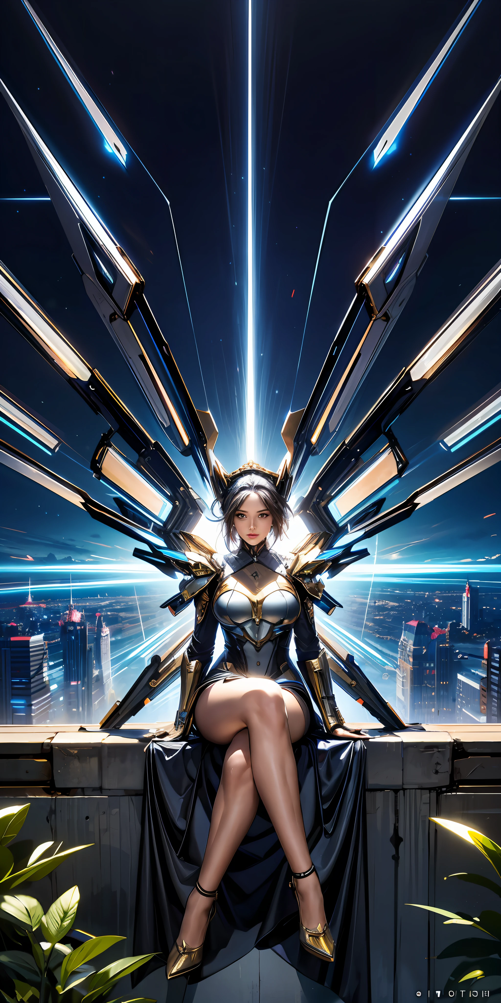 masterpiece,(bestquality),highlydetailed,ultra-detailed,1girl,(mechanicalwings:golden,glowingeyes:blue,silverarmor:1.2,elongatedears:0.8),(cyberpunkcity:1.5,weapon:energyblade),(fantasylandscape:1.2,natural lighting:1.5,confidentexpression),(panorama:1.2),mecha, woman sitting on a metal scaffolding, below you can see the abandoned city and with plants that have taken over