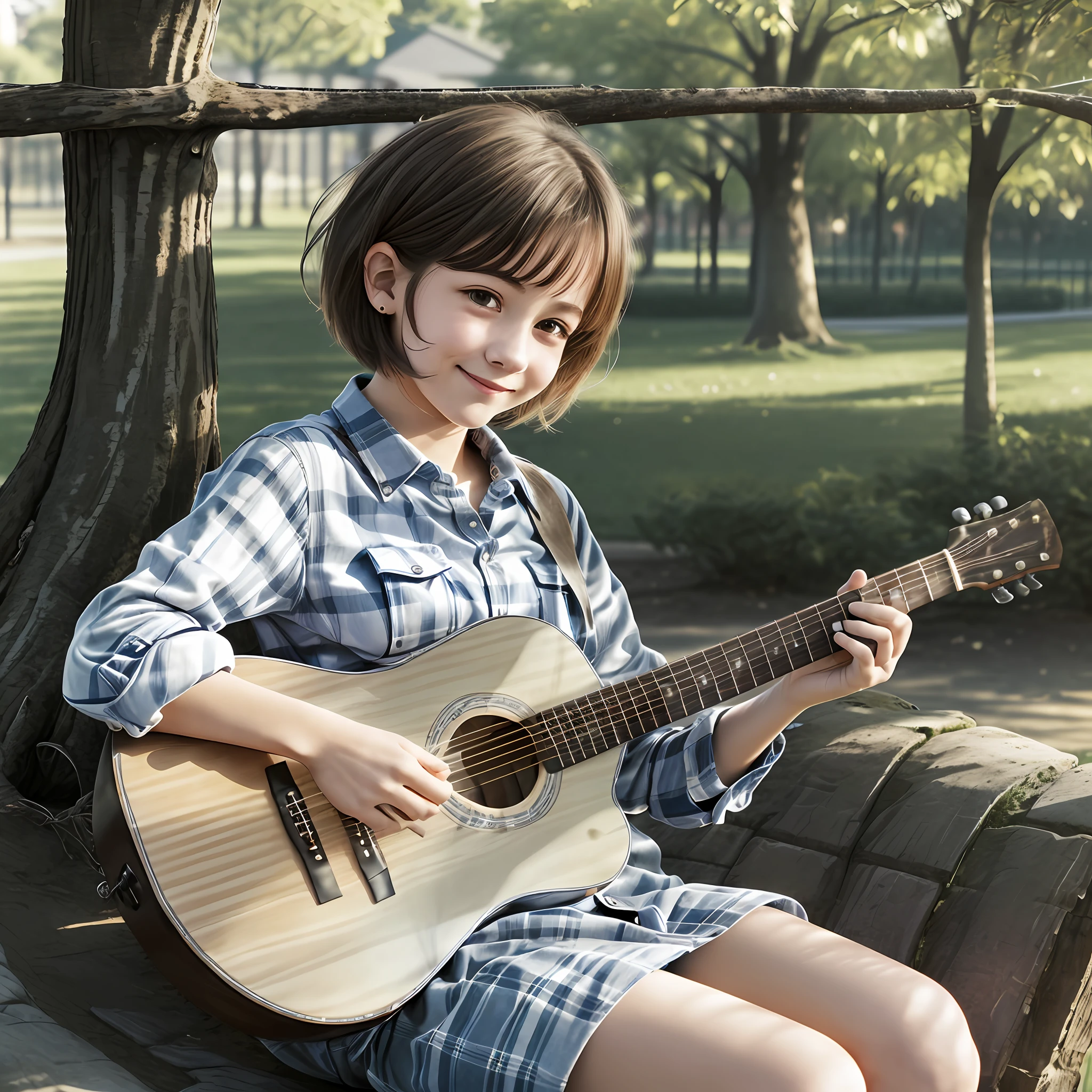 (reading a book+guitar in the background:1.1),(short hair:1.2,tender smile),(girl+18 years old:1.1),(checkered shirt:1.2),(small stature:1.1), peaceful park ambiance.