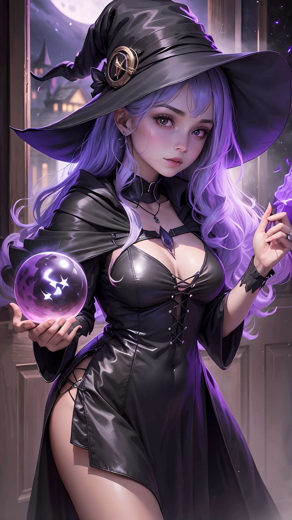 a witch girl with a witch hat and black robes at the door of a nightclub in the moonlight --auto --s2