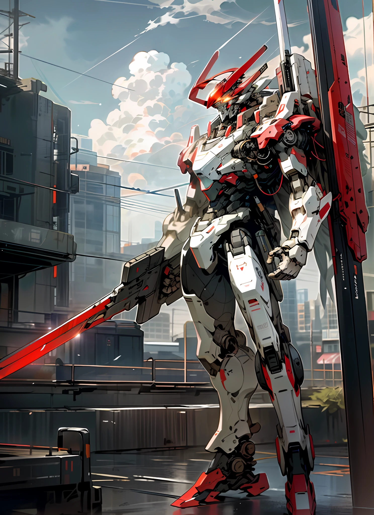 masterpiece, best quality, sky, cloud, holding_weapon, glowing, robot, building, glowing_eyes, mecha, science_fiction, city, realistic,mecha, red color, full body, looking into the distance, weapon on the back