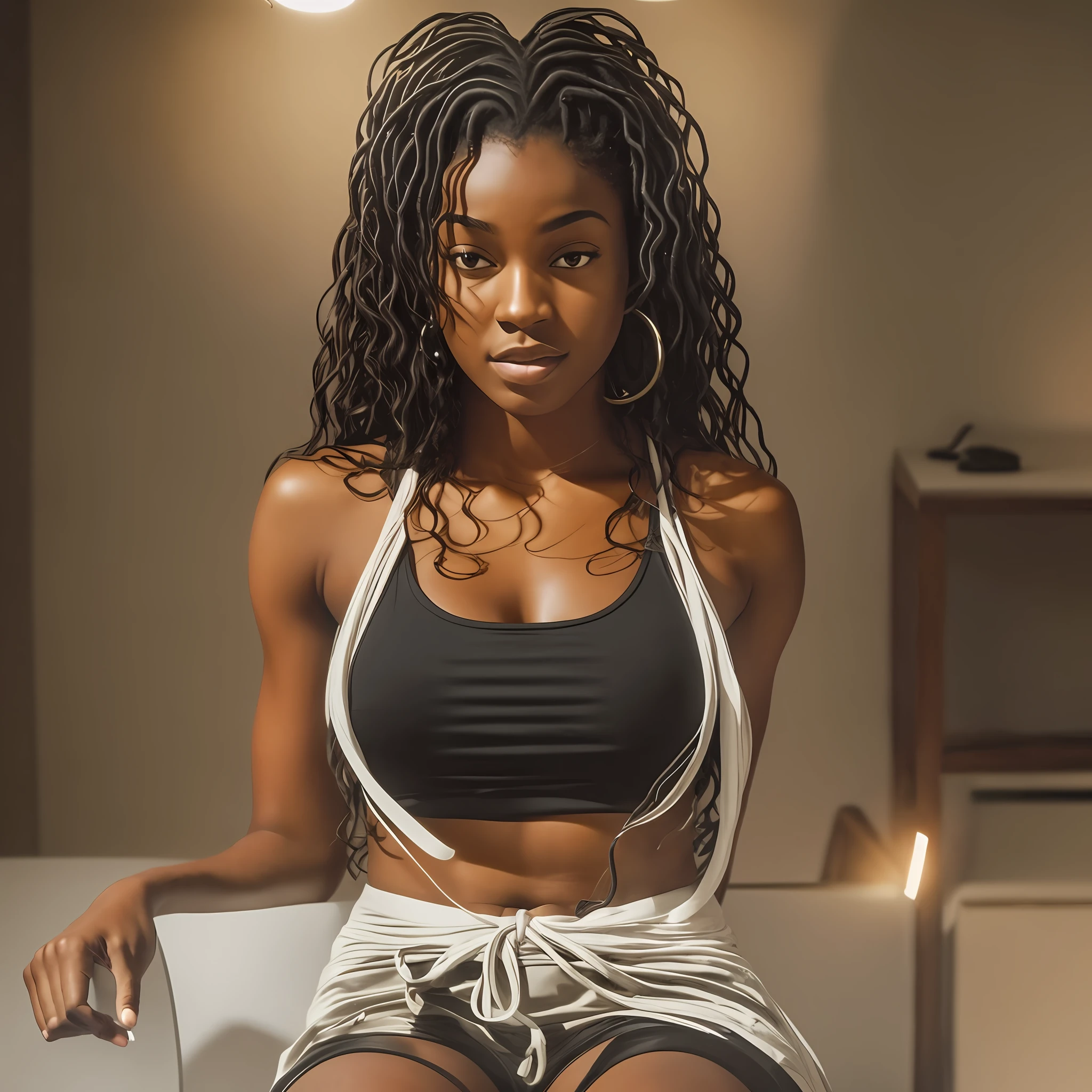 a woman who is trapped in a darkened room where there is only a lamp lighting, a woman is sitting in a chair, with her hands tied shirtless, a black teenager, a beautiful black hip hop girl, a black-skinned woman, a shirtless techno-viking woman, a thin woman with light tanned skin, looking hot, wearing a low-cut tank top,  of a shirtless --auto --s2