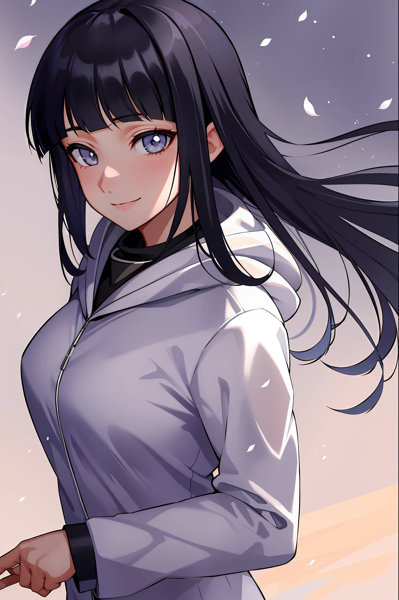 beautiful, masterpiece, best quality, extremely detailed face, perfect lighting, 1girl, hinata, hyuuga hinata, bangs, empty_eyes, black_hair, blunt_bangs, grey eyes, grey sleeves, headband_around_neck, highres, hime cut, hooded_cardigan, long sleeves, looking_at_viewer, petals, smile, solo, straight hair, upper body, hooded jacket, perfect body