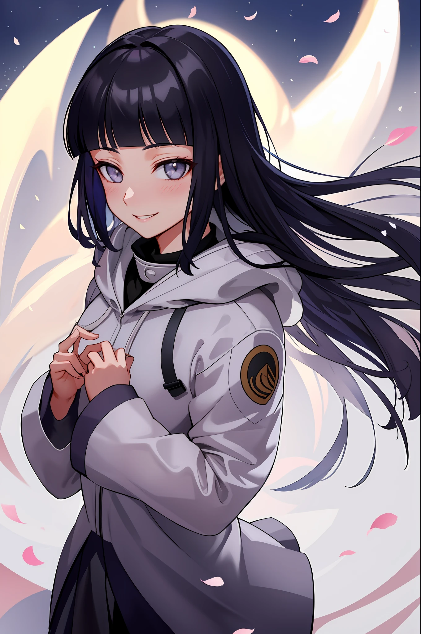 beautiful, masterpiece, best quality, extremely detailed face, perfect lighting, 1girl, hinata, hyuuga hinata, bangs, empty_eyes, black_hair, blunt_bangs, grey eyes, grey sleeves, headband_around_neck, highres, hime cut, hooded_cardigan, long sleeves, looking_at_viewer, petals, smile, solo, straight hair, upper body, hooded jacket, perfect body