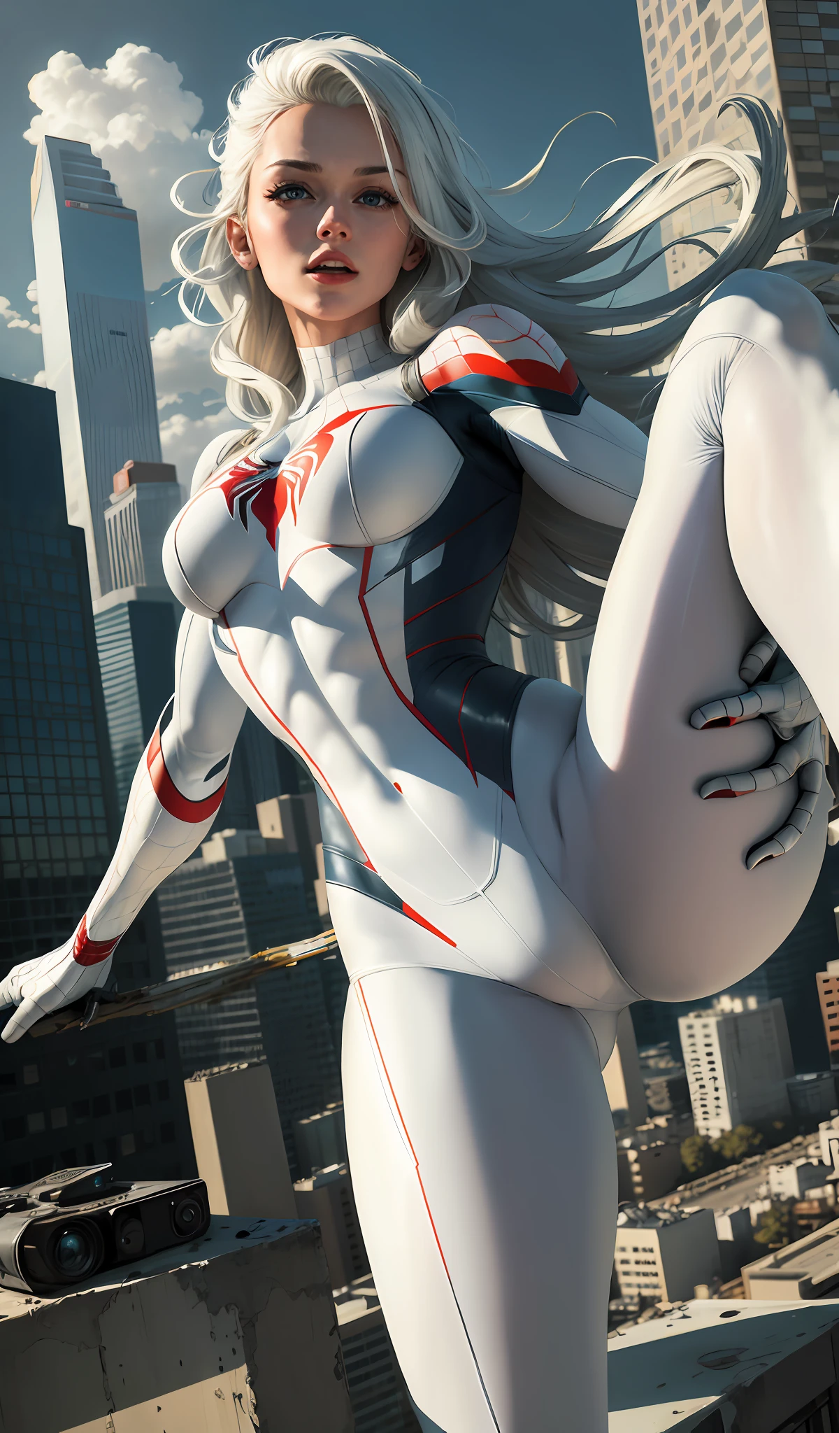 (Masterpiece, 4k resolution, ultra-realistic, very detailed), (White superhero theme, charismatic, there's a girl on top of town, wearing Spider-Man costume, she's a superhero), [ (25 years), (long white hair:1.2), full body, (blue eyes:1.2), (lying on the ground, legs open: 1.2),show of strength, jumping from one building to another), ((sandy urban environment):0.8)| (cityscape, at night, dynamic lights), (sun))] # Explanation: The Prompt mainly describes a 4K painting of ultra-high definition, very realistic, very detailed. The theme in the painting is a white superhero theme, the female protagonist has long white hair, is 25 years old and her entire body is shown in the painting. In terms of portraying the actions of superheroines, spiders are employed