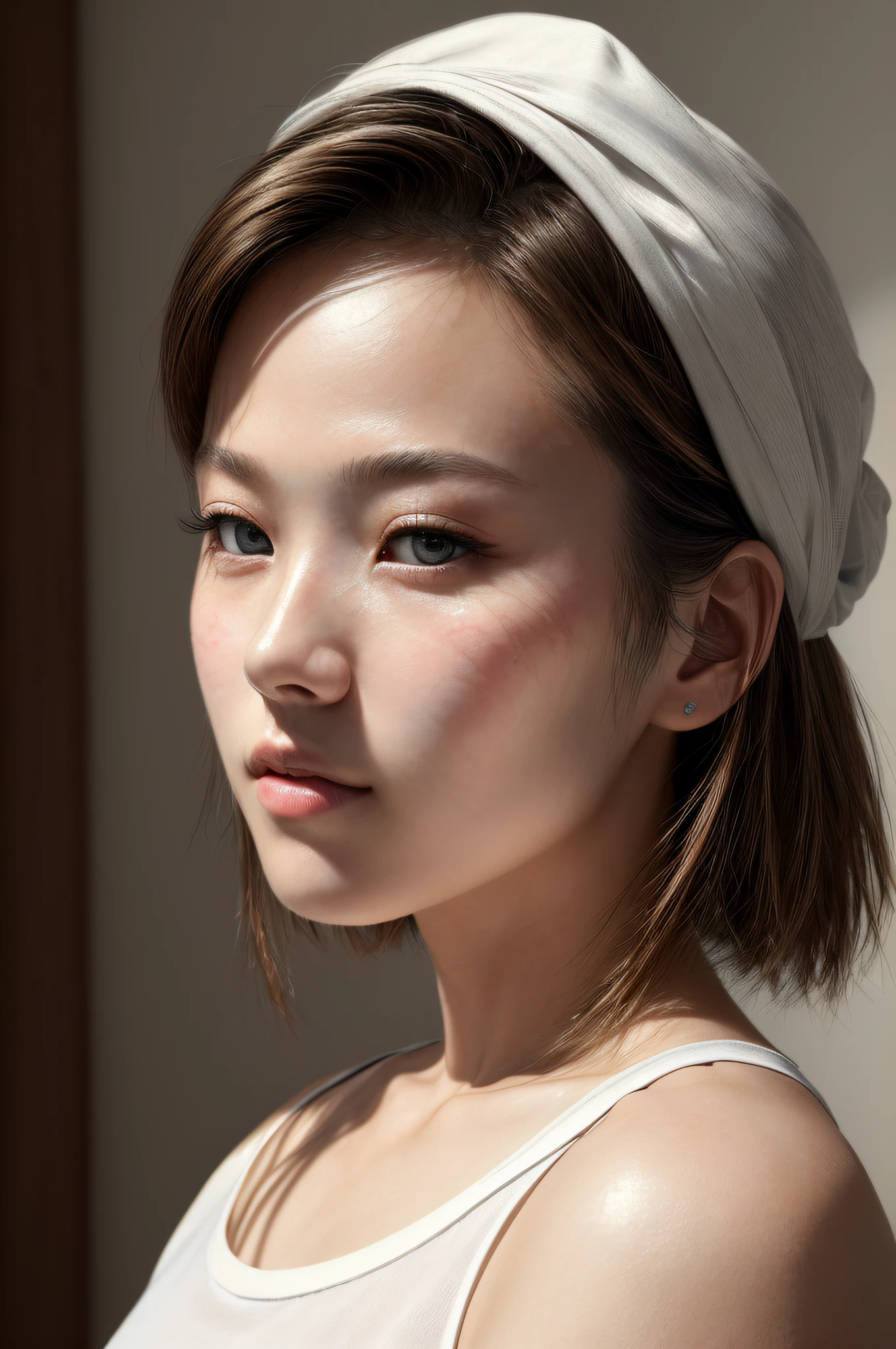 (Masterpiece, Photorealistic, Raw, :1.4), (Very Complex: 1.2), Close-up, Cinematic Lights, Side Light, Ultra High Resolution, Best Shadows, RAW, Upper Body, 20s, Woman in Her White Shirt, Japan Women, Short Cut, Downy Hair, Pore, Realistic Skin