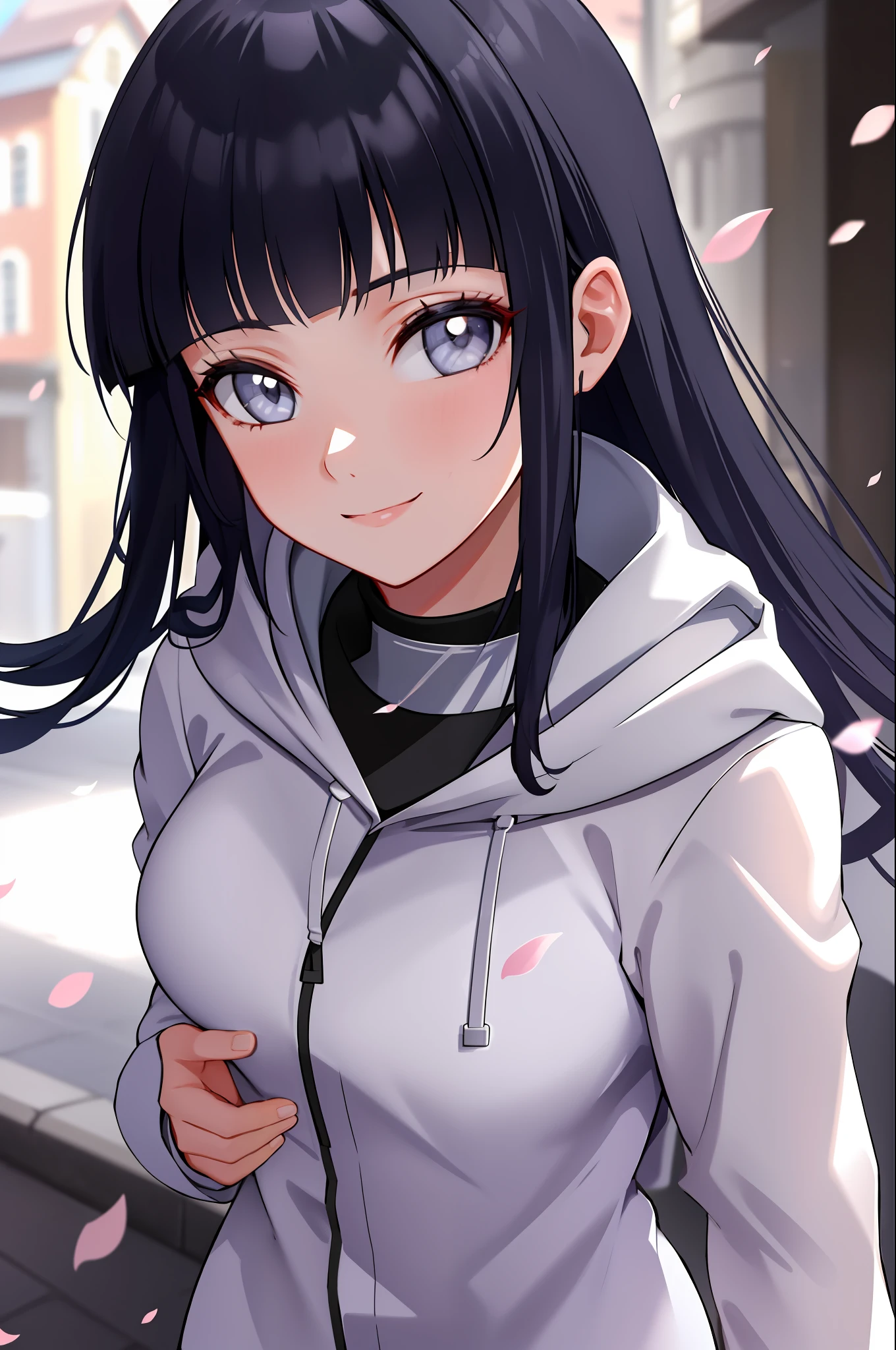 beautiful, masterpiece, best quality, extremely detailed face, perfect lighting, 1girl, hinata, hyuuga hinata, bangs, empty_eyes, black_hair, blunt_bangs, grey eyes, grey sleeves, headband_around_neck, highres, hime cut, hooded_cardigan, long sleeves, looking_at_viewer, petals, smile, solo, straight hair, upper body, hooded jacket, perfect body