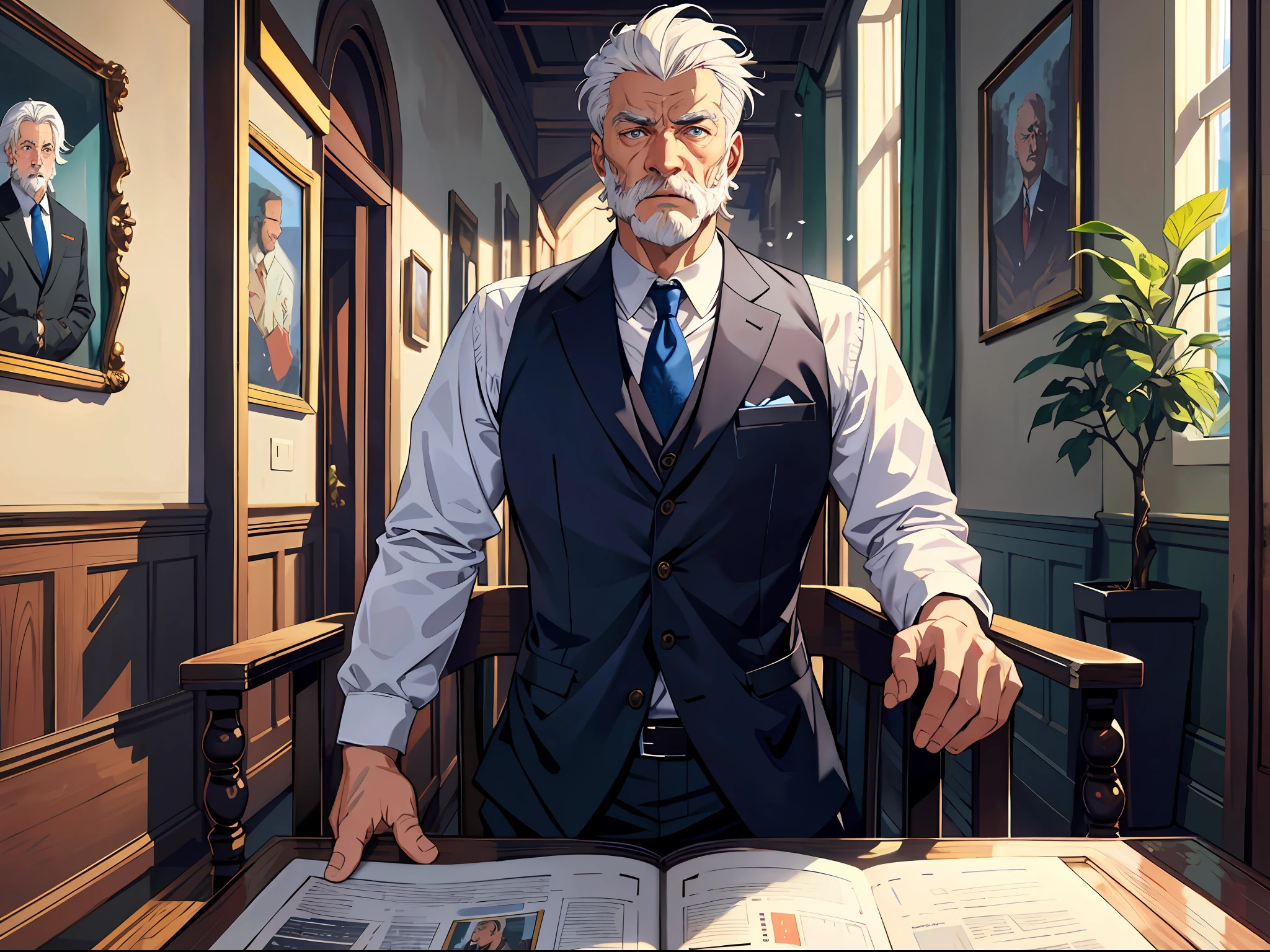High resolution, highest quality, illustrations, super detailed, (detailed face), (detailed eyes), a middle-aged uncle with white hair, sitting in a hall, showing a very surprised expression, and there are other people around