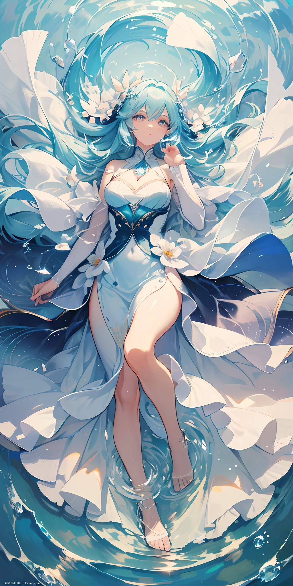 digital illustration, delicate details, a stunningly beautiful woman, flowing white and blue gilded vests, descending from above, touching a vast mirror-like ocean with her toe, (delicate ripples in the water), floating, looking down, serene expression, godlike, natural lighting, vibrant prismatic colors, art by studio ghibli, back drop sunrise, stunning sky, gorgeous details, beautiful, stunning, fragile, crystal clear, well drawn, dynamic composition, anime style