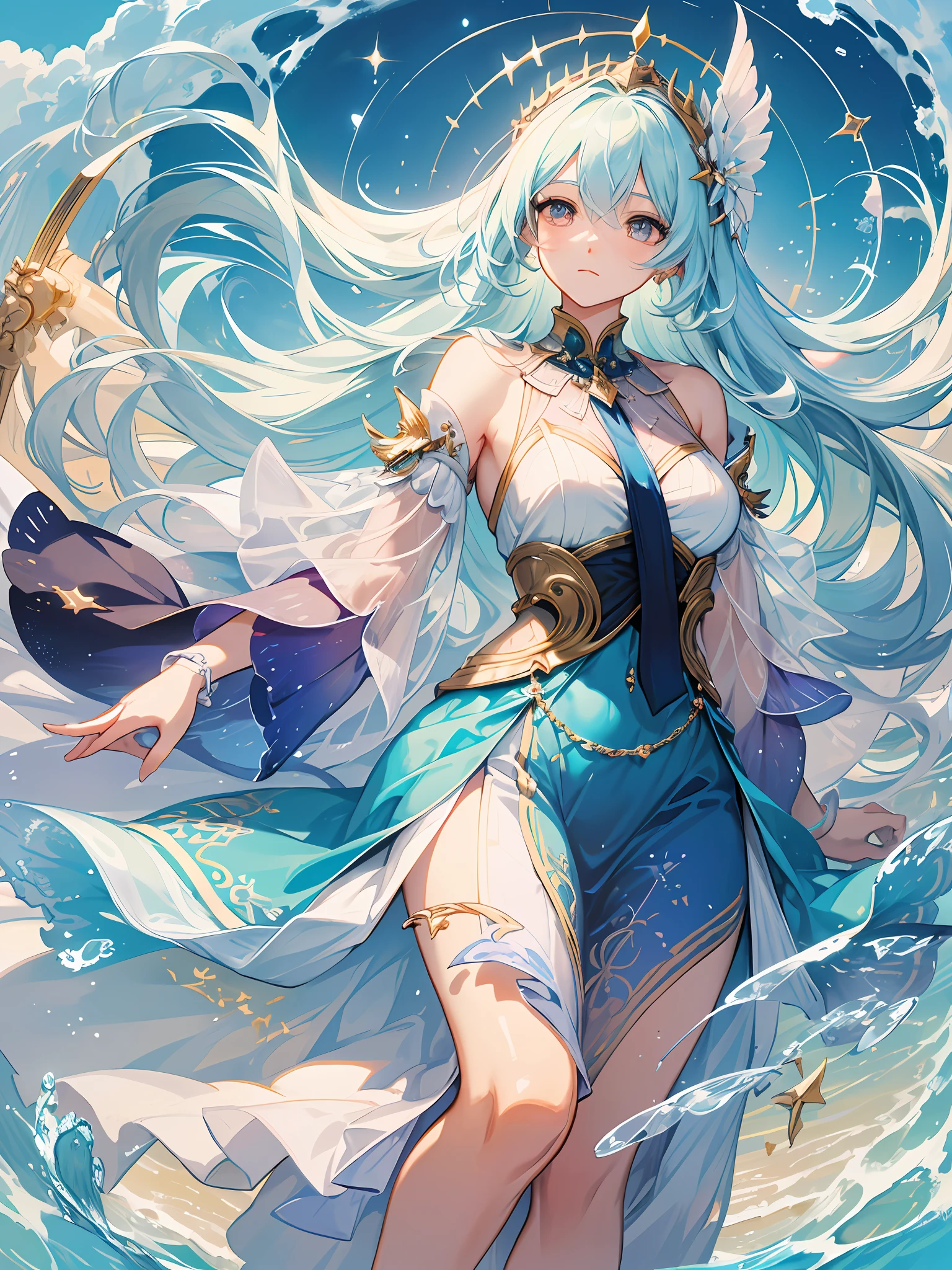digital illustration, delicate details, a stunningly beautiful woman, flowing white and blue gilded vests, touching a vast mirror-like ocean with her toe, floating above, looking down, serene expression, godlike, natural lighting, vibrant prismatic colors, art by studio ghibli, back drop sunrise, stunning sky, gorgeous details, beautiful, stunning, fragile, crystal clear, well drawn, dynamic composition, anime style