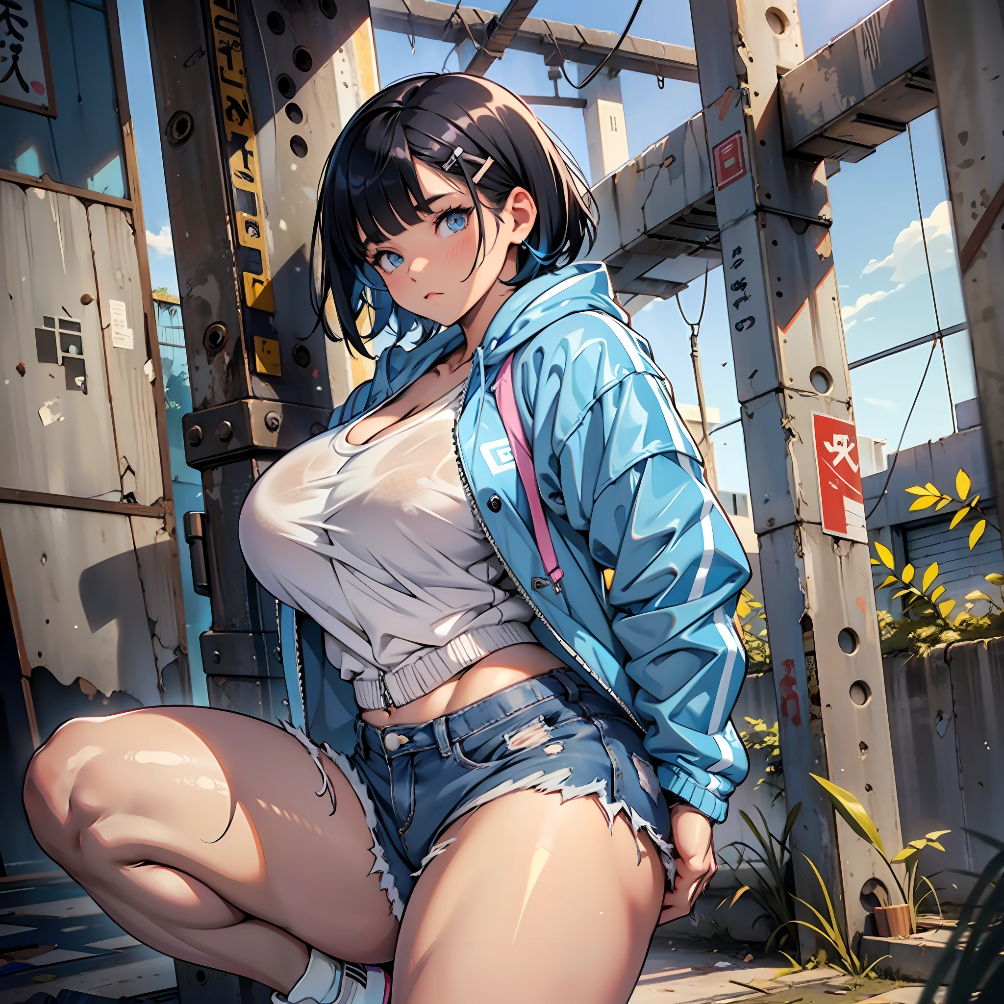 Kawaii ager, curvy body, girl with thick thighs, thick legs, big breasts, white windbreaker, glued jean shorts, dark blue sneakers, light black hair, short hair, hair clip, bangs, blue colored eyes, gorgeous face, soft skin, abandoned warehouse scenery, fighting pose.