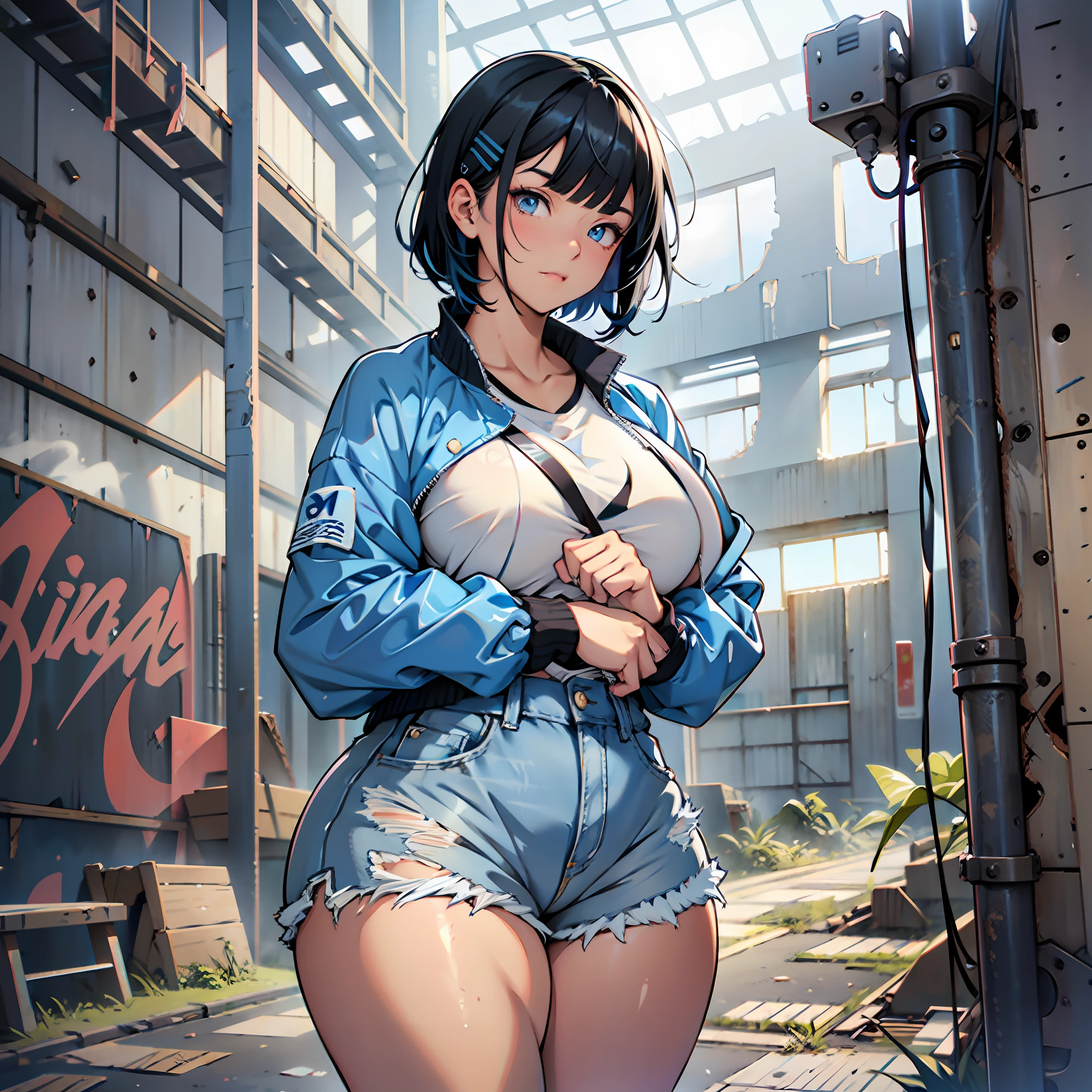 Kawaii teenager, curvy body, girl with thick thighs, thick legs, big breasts, white windbreaker, glued jean shorts, dark blue sneakers, light black hair, short hair, hair clip, bangs, blue colored eyes, gorgeous face, soft skin, abandoned warehouse scenery, fighting pose.